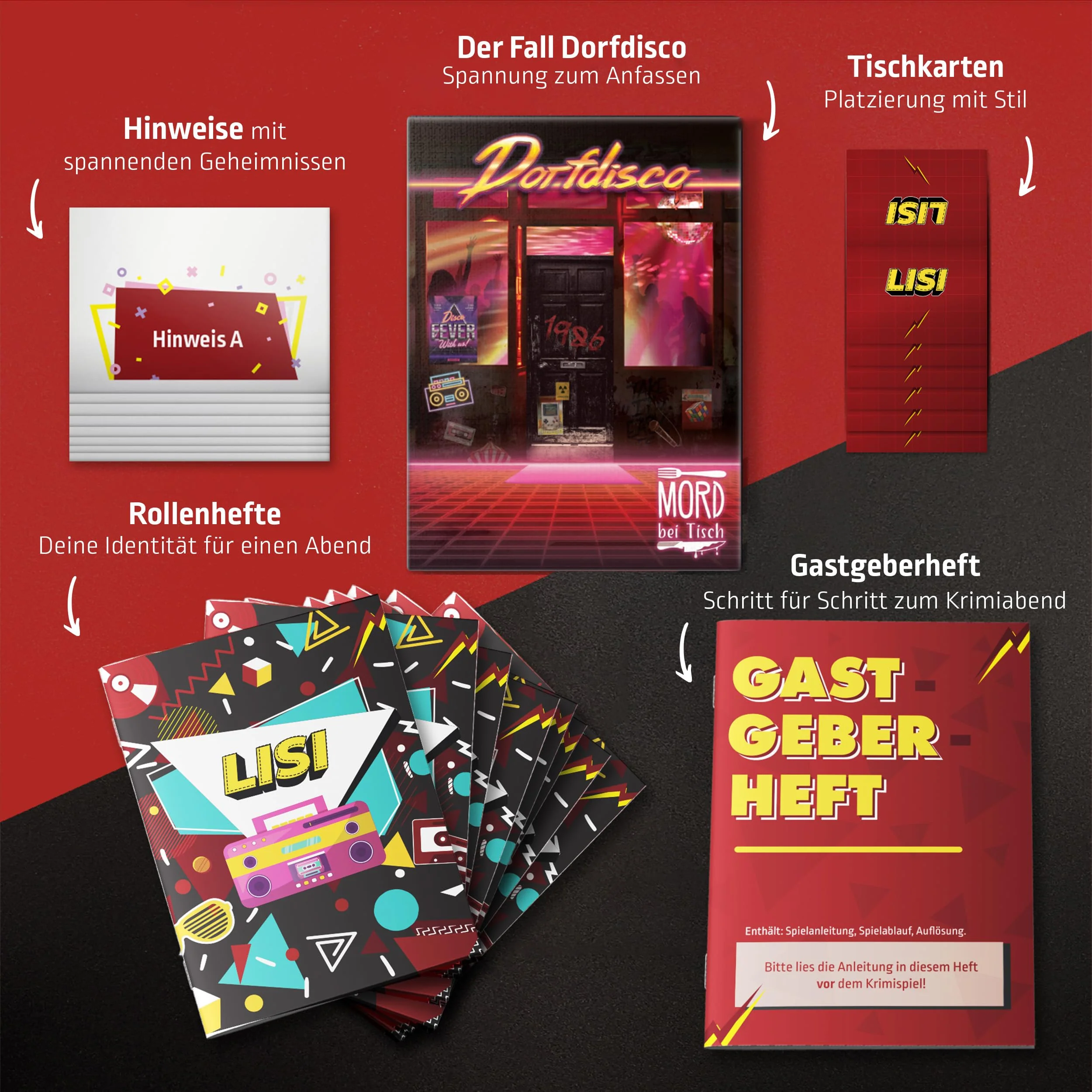 MORD bei Tisch Krimidinner für Zuhause - 4 bis 6 Personen - Der Dorfdisco Fall - Das Krimi Spiel ab 16 Jahren – Ideal als Krimi Dinner für eine mörderische Dinnerparty - Image 8
