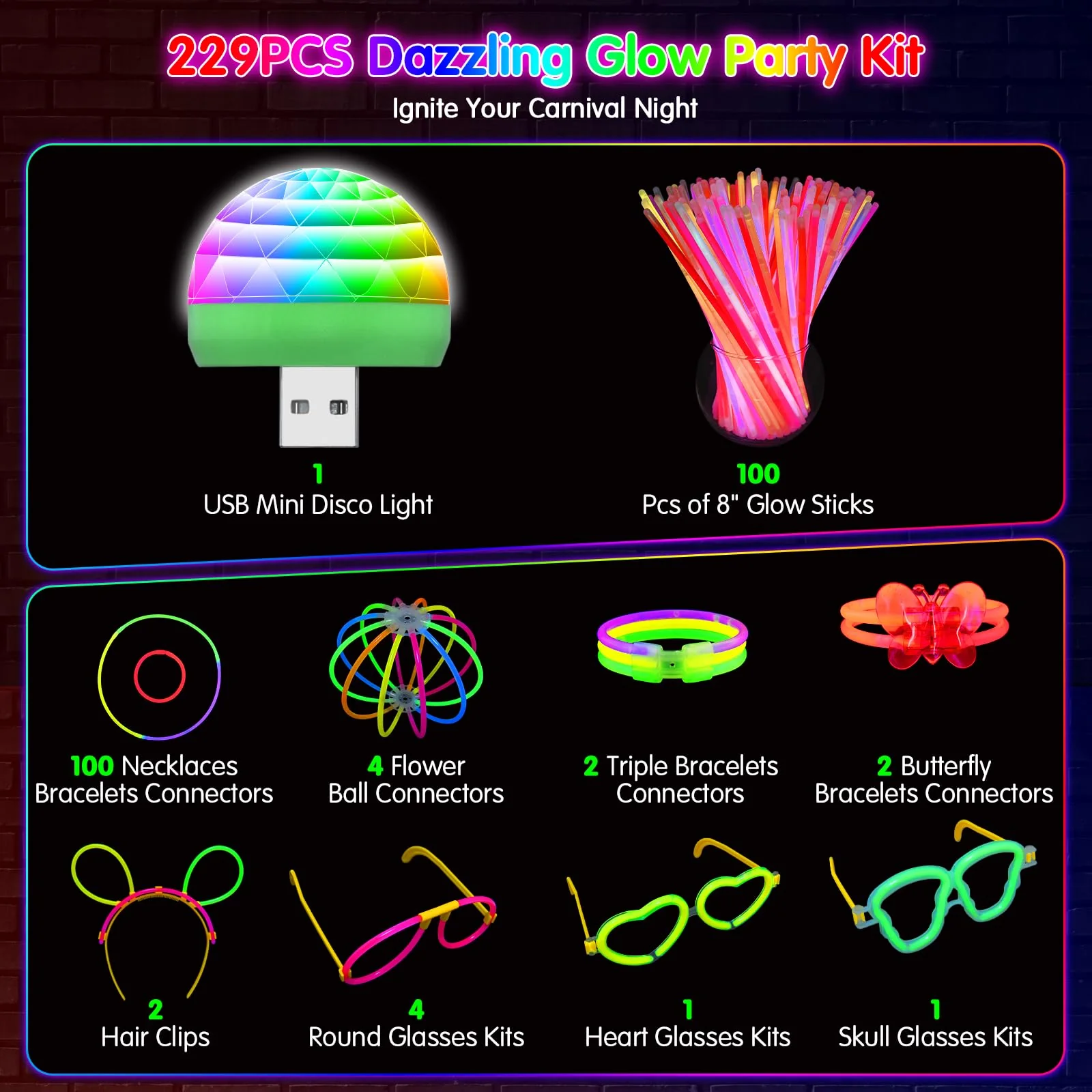 MOSSNDAR Knicklichter Party Set,Leuchtstäbe Kinder,229 Stück Knicklichter und Zubehör,Neon Party Deko,Festival Zubehör,Geeignet für Weihnachtsdeko,Silvester Party Deko 2026,Silvester Feuerwerk - Image 7
