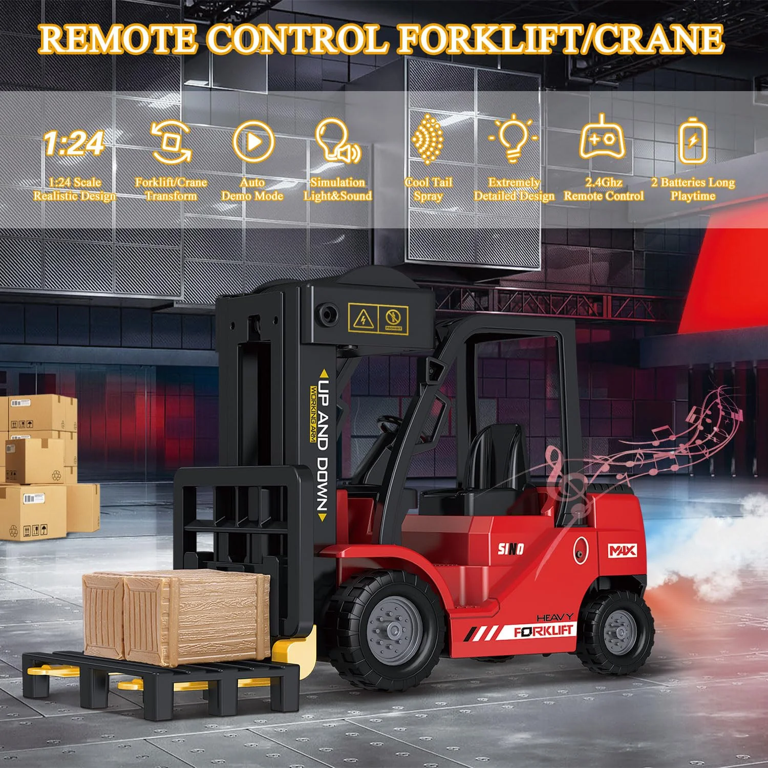 Mostop Ferngesteuerter Gabelstapler Spielzeug, 1/24 Rc Gabelstapler Spielzeug, mit Boxen/Ton- und Lichtspray, Zwei wiederaufladbare Batterien & Ladegerät, Technik Auto Junge Geschenk - Image 5