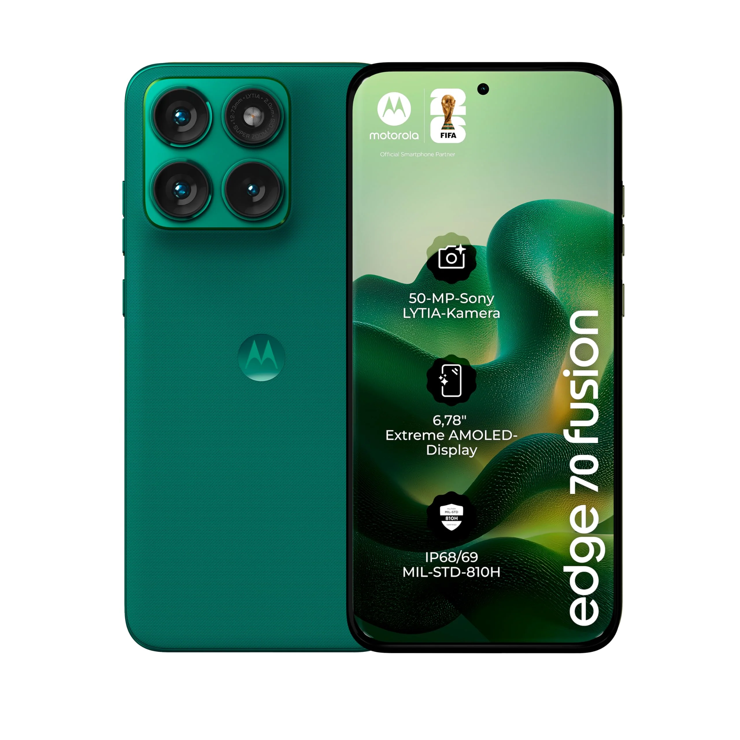 Motorola Edge 70 Fusion Smartphone (Robustes 6,78"-Super-HD+-Display mit Corning Gorilla Glass 7i, 50-MP-Kamera, 8/256 GB, 5100 mAh, 68W-TurboPower-Aufladen) Pantone Sporting Green