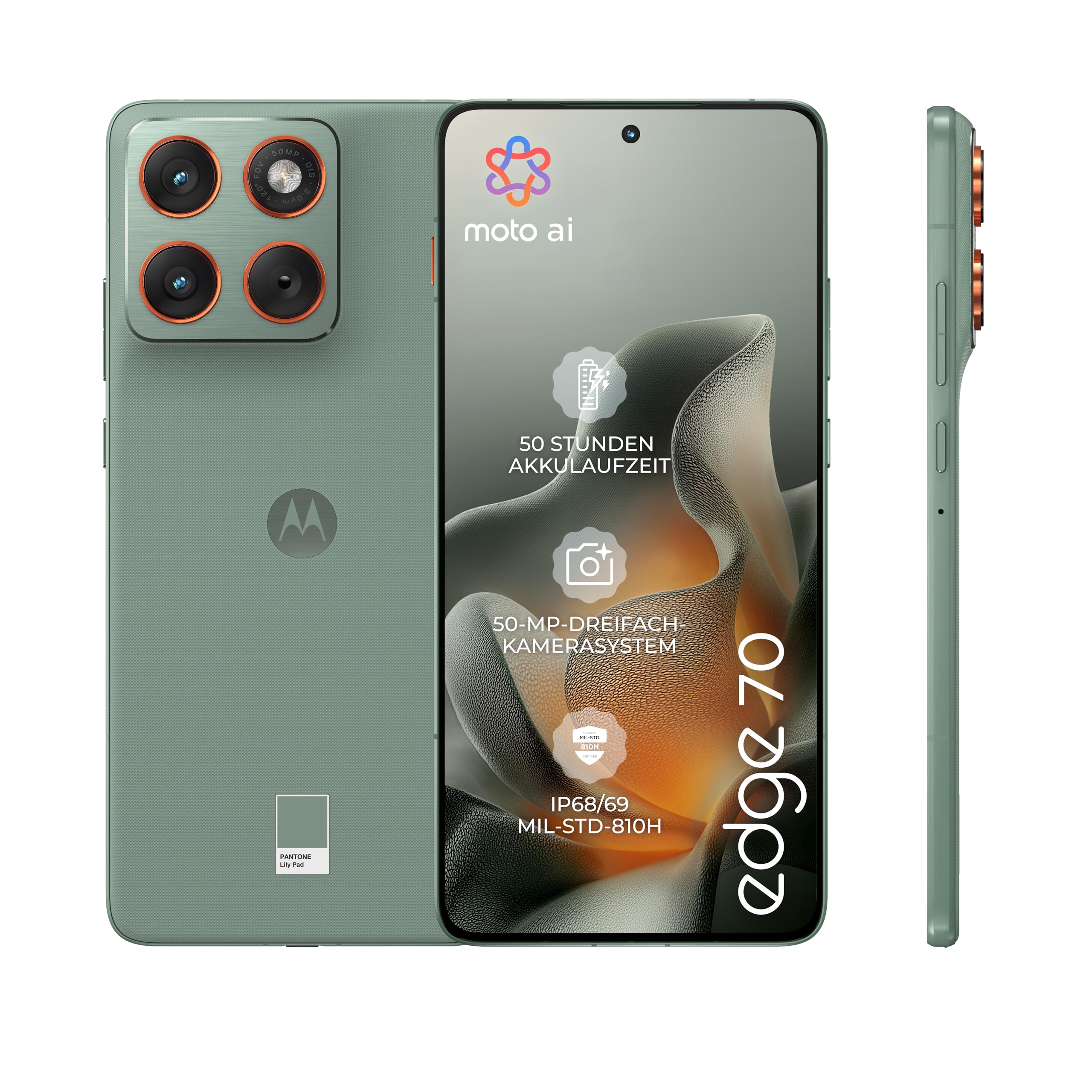 Motorola Edge 70 Smartphone (Robustes 6,67"-pOLED-Display mit Gorilla Glass 7i, 50-MP-Kamera, 12-512 GB, Wasser- und hitzebeständig, 68W-TurboPower-Aufladen), Pantone Lily Pad, inkl. Magnetcover