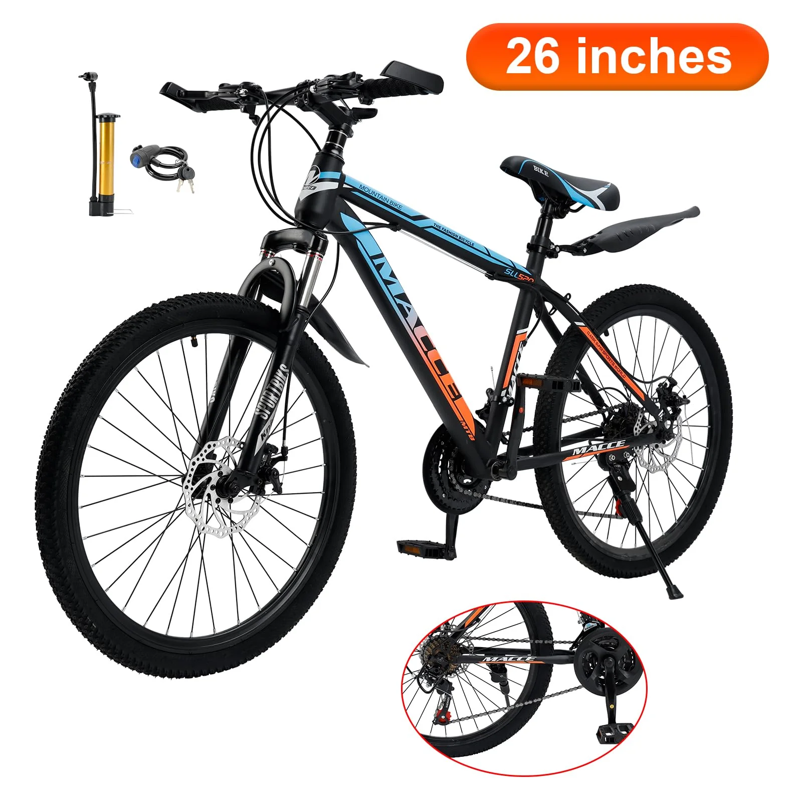 Mountainbike für Herren und Damen, 24-Gang, Hochwertiger Kohlenstoffstahlrahmen, Duale Scheibenbremsen, Federungsgabel, Mechanische Scheibenbremsen, Einstellbarer Daumenschalter - Image 5