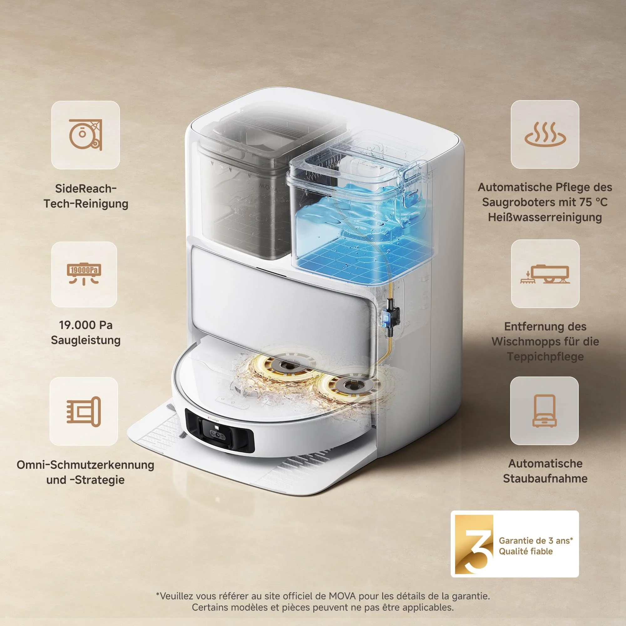 Mova P50 Pro Ultra Saugroboter mit Wischfunktion, 19.000 Pa Saugkraft, 75 ℃ Heißwasser-Moppwäsche, automatische Reinigung, automatische Entleerung, automatische Nachfüllung, Hindernisvermeidung - Image 4