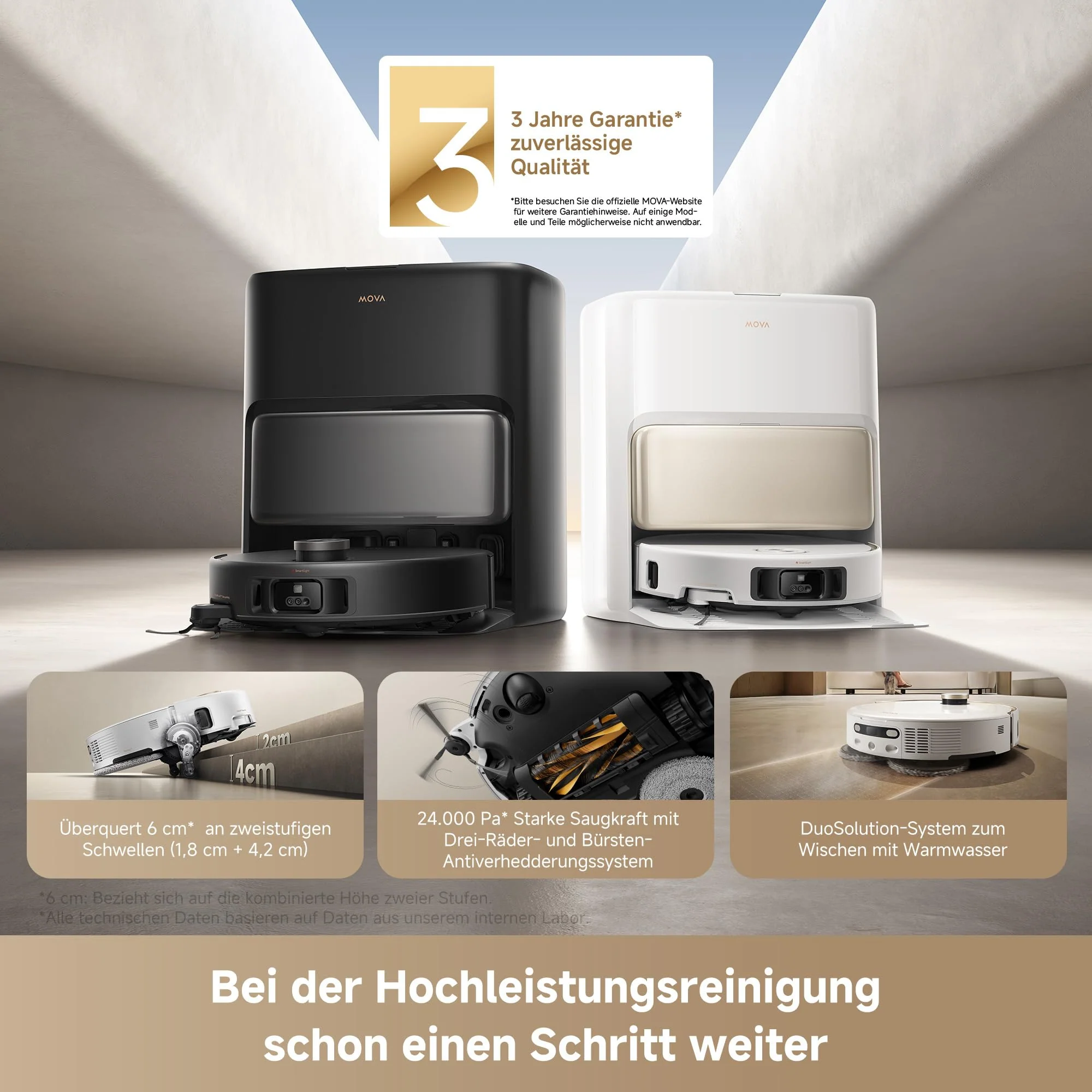 Mova V50 Ultra Complete Saugroboter mit Wischfunktion 24.000 Pa, 6cm Hindernisüberwindung, Liftable Navigation+RGB AI+LED, 80℃ Heißwasserwäsche & 63℃ Selbsttrocknung, DuoSolution System, Tricut Bürste - Image 9