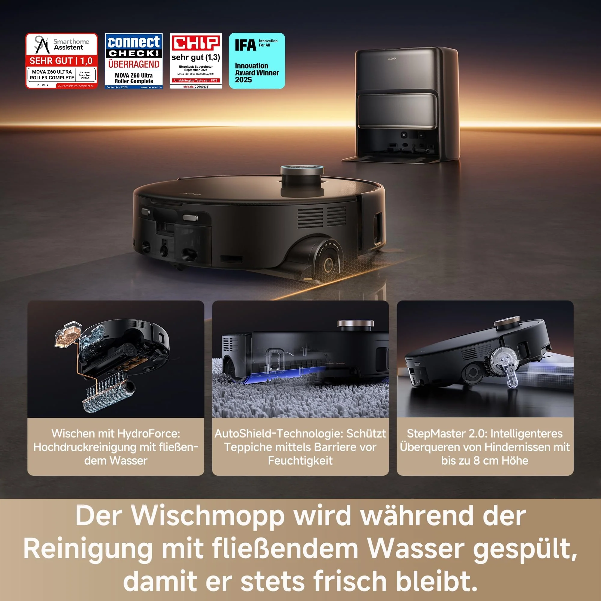Mova Z60 Ultra Roller Complete Saugroboter mit Wischfunktion 28.000 Pa, LiftPro-Gehäuse, 8 cm Hindernisse, DToF+Dual Laser+RGB/LED-Hindernisvermeidung, AutoShield für Teppich, MaxiReach Mopp & Bürste - Image 10