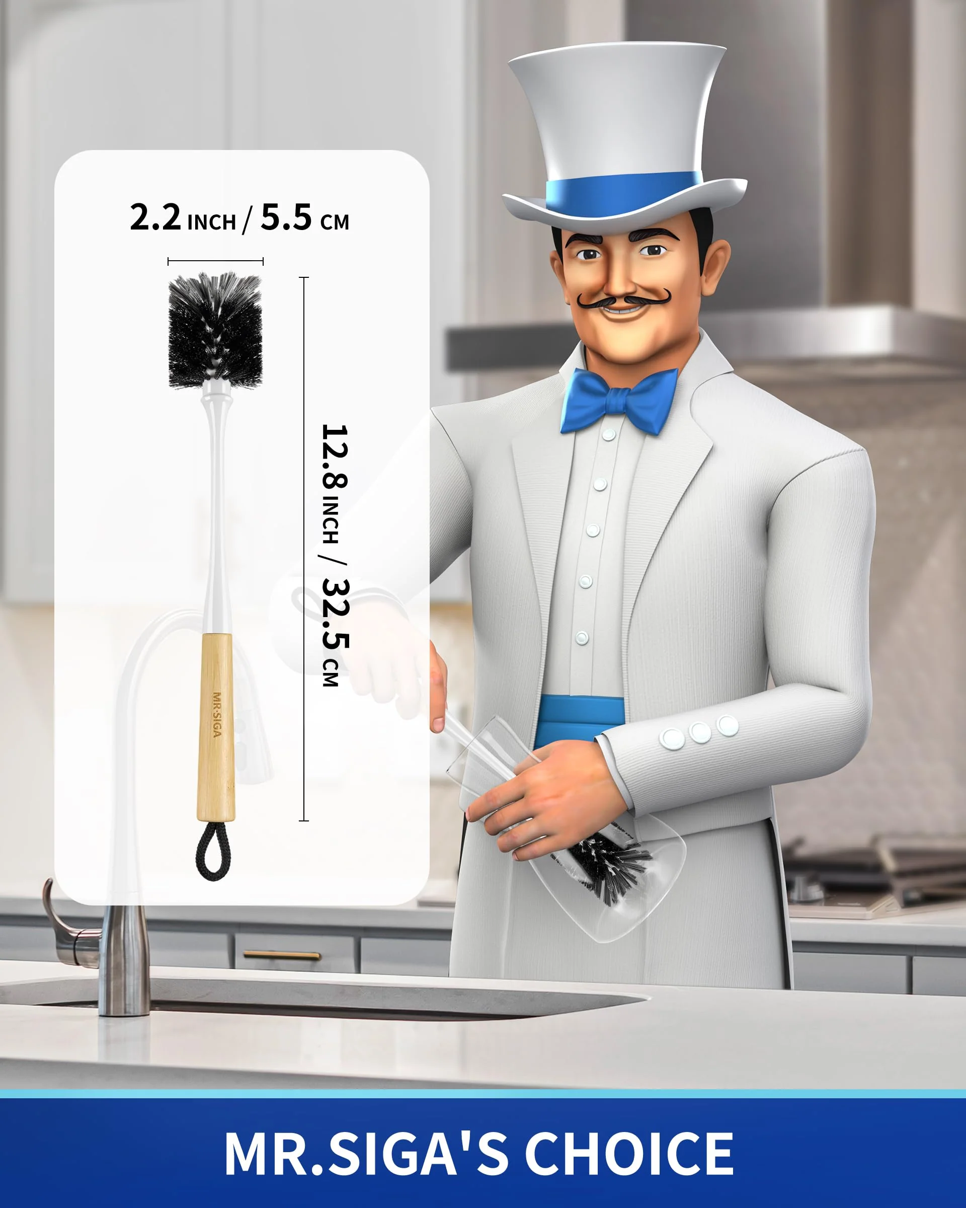 MR.SIGA Flaschenbürste mit langem Bambusgriff, Flasche Reiniger Bürste, Bürste zum Reinigen von Flaschen, Bambusgriff, 1 Stück