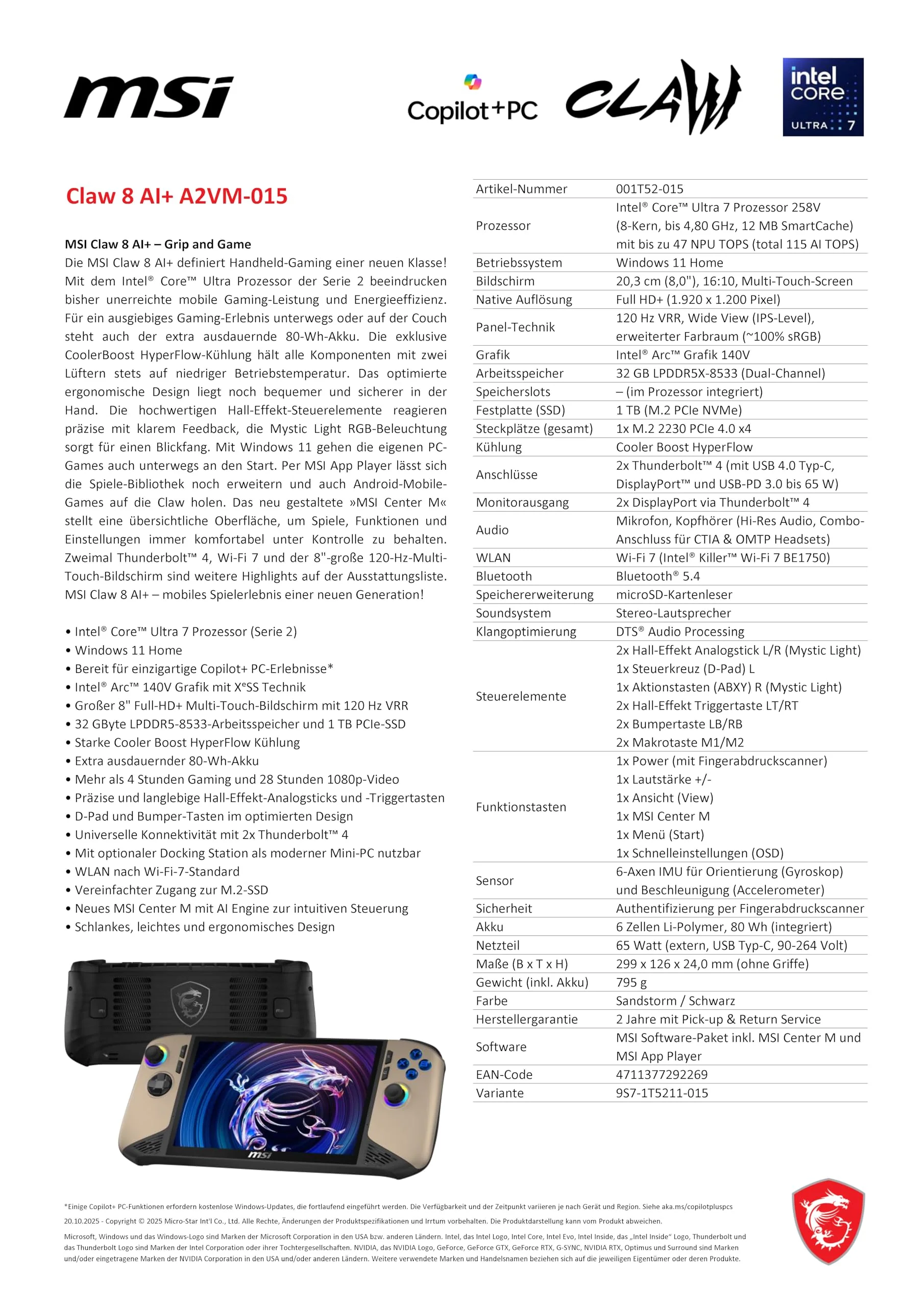 MSI Claw 8 AI+ Gaming Handheld, 8 Zoll FHD+ 120 Hz Display, Intel Core Ultra 7 Prozessor 258V, 32 GB RAM, 1 TB SSD, Intel Arc Grafik, Windows 11 Home, Schwarz/Sandstorm, A2VM-015 - Image 6