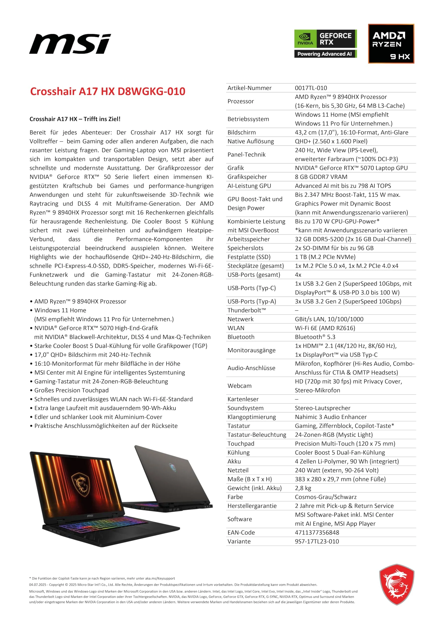 MSI Crosshair A17 HX, Gaming-Laptop, 17" QHD+ 240 Hz Display, AMD Ryzen™ 9 8940HX, NVIDIA GeForce RTX 5070, 32 GB RAM, 1 TB SSD, Windows 11 Home, QWERTZ Tastatur, Cosmos Grau, D8WGKG-010 - Image 8