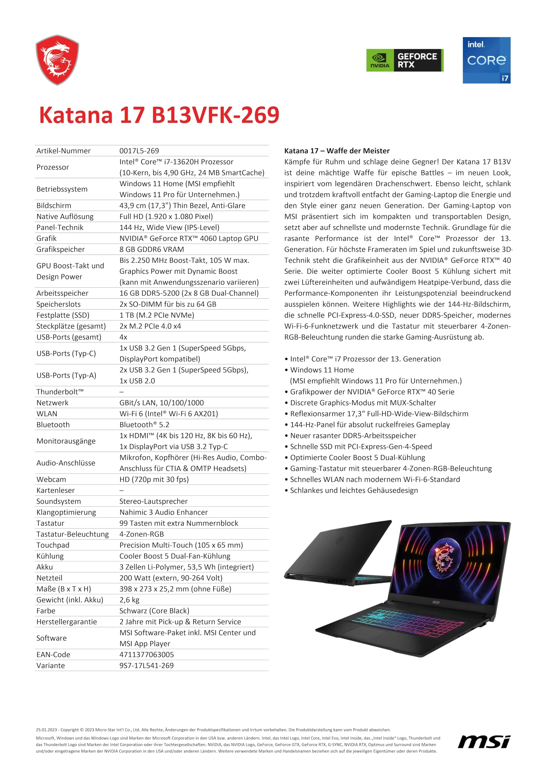MSI Katana 17 Gaming-Laptop, 17,3” Full HD 144 Hz, Intel Core i7-13620H, NVIDIA GeForce RTX 4060, 16GB RAM, 1TB SSD, Windows 11 Home, inkl. 1 Monat GamePass, QWERTZ Tastatur, Schwarz, B13VFK-269 - Image 7