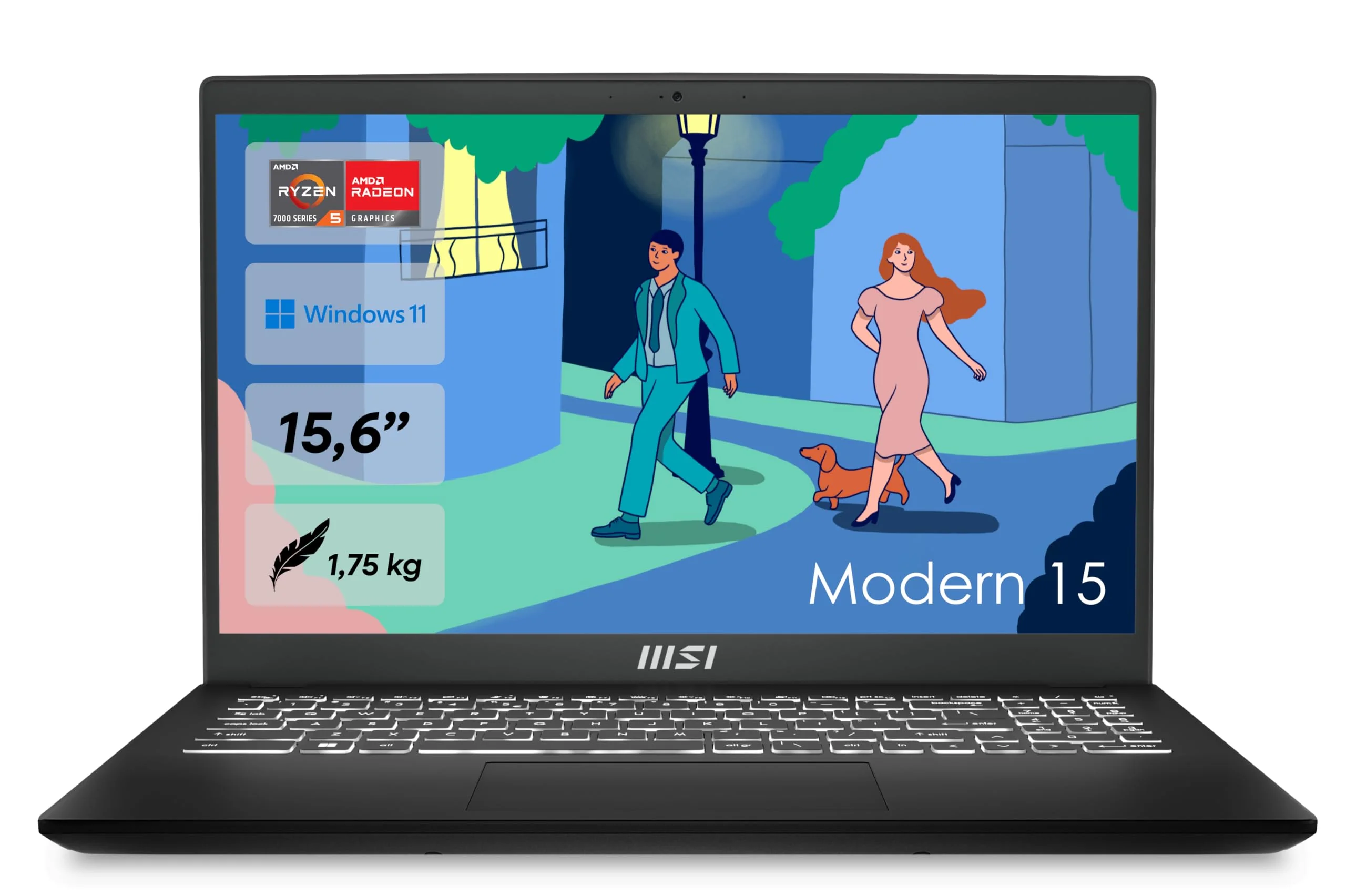 MSI Modern 15 Lifestyle & Business Laptop, 15,6 Zoll Full HD Display, AMD Ryzen 5 7430U Prozessor, 16 GB DDR4 RAM, 512GB SSD, AMD Radeon Graphics, Windows 11 Home, Schwarz, B7M-463