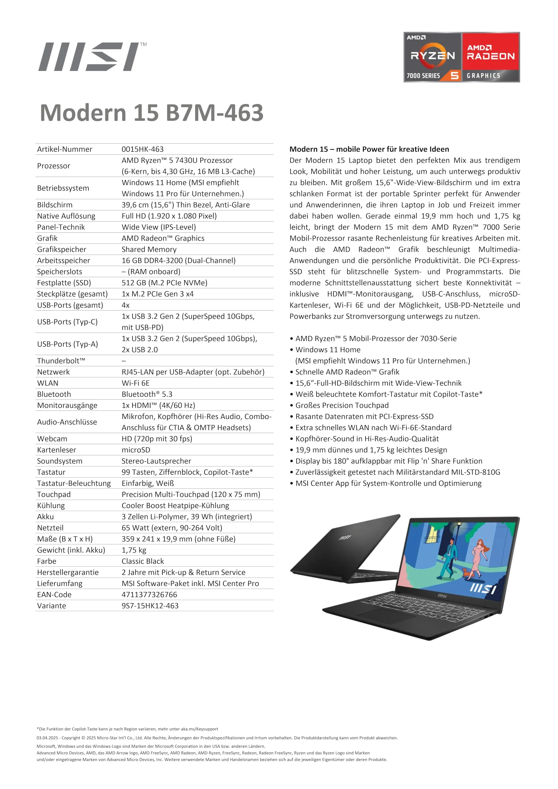 MSI Modern 15 Lifestyle & Business Laptop, 15,6 Zoll Full HD Display, AMD Ryzen 5 7430U Prozessor, 16 GB DDR4 RAM, 512GB SSD, AMD Radeon Graphics, Windows 11 Home, Schwarz, B7M-463 - Image 8