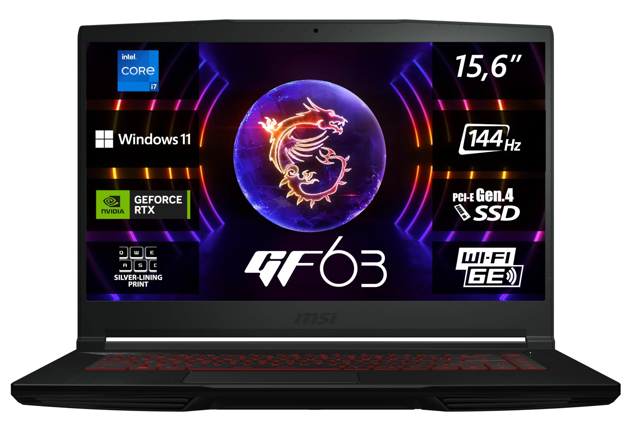 MSI Thin GF63 Gaming Notebook | 39,6 cm (15,6 Zoll) Full-HD 144 Hz | Intel Core i5-12450H | 16GB RAM | 512GB SSD | RTX 4050 6 GB | Windows 11 Home | QWERTZ Tastatur | Schwarz | 12VE-087