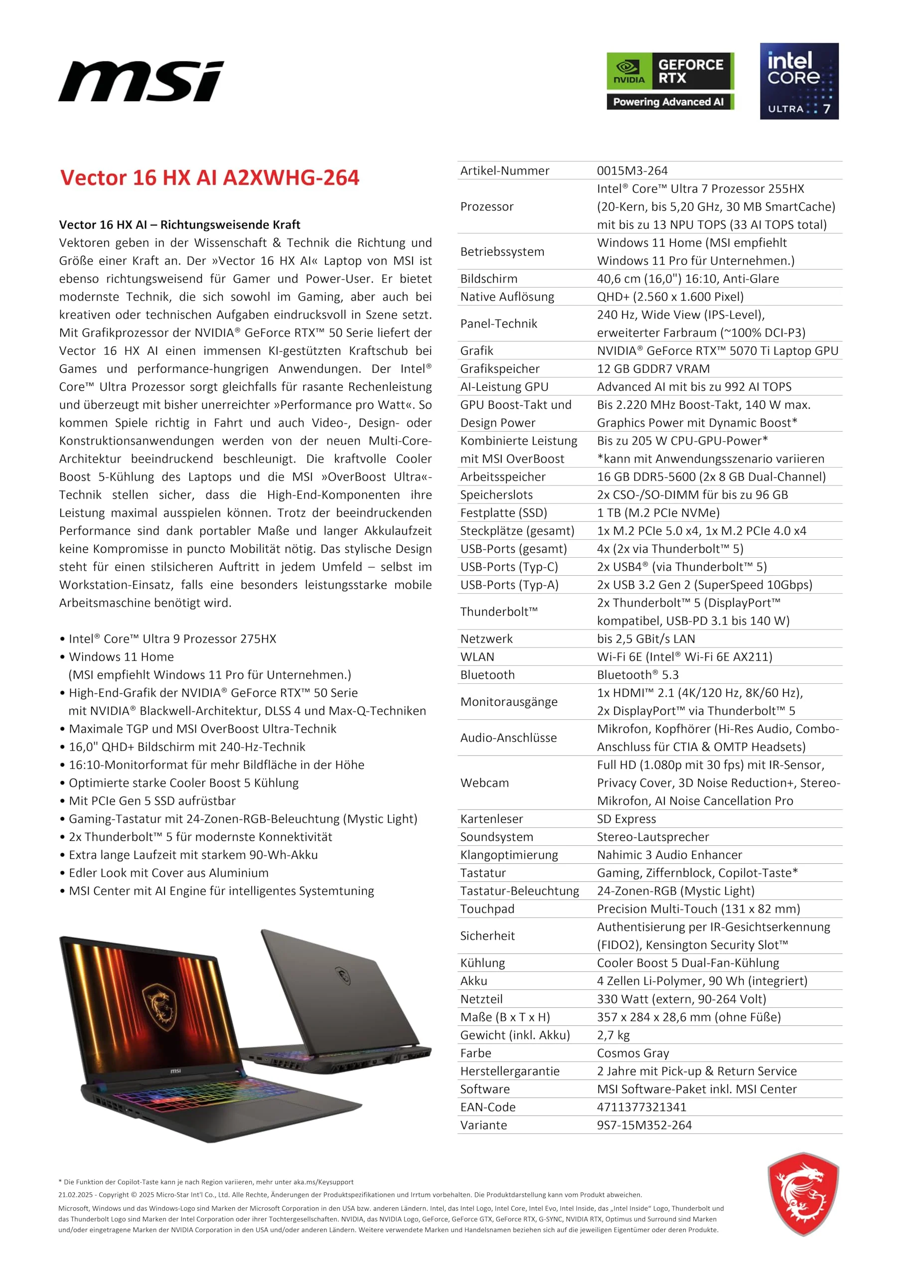 MSI Vector 16 HX AI Gaming-Laptop, 16" QHD+ 240 Hz Display, Intel® Core™ Ultra 7 255HX, NVIDIA GeForce RTX 5070 Ti, 16 GB RAM, 1 TB SSD, Windows 11 Home, QWERTZ Tastatur, Cosmos Grau, A2XWHG-264 - Image 6