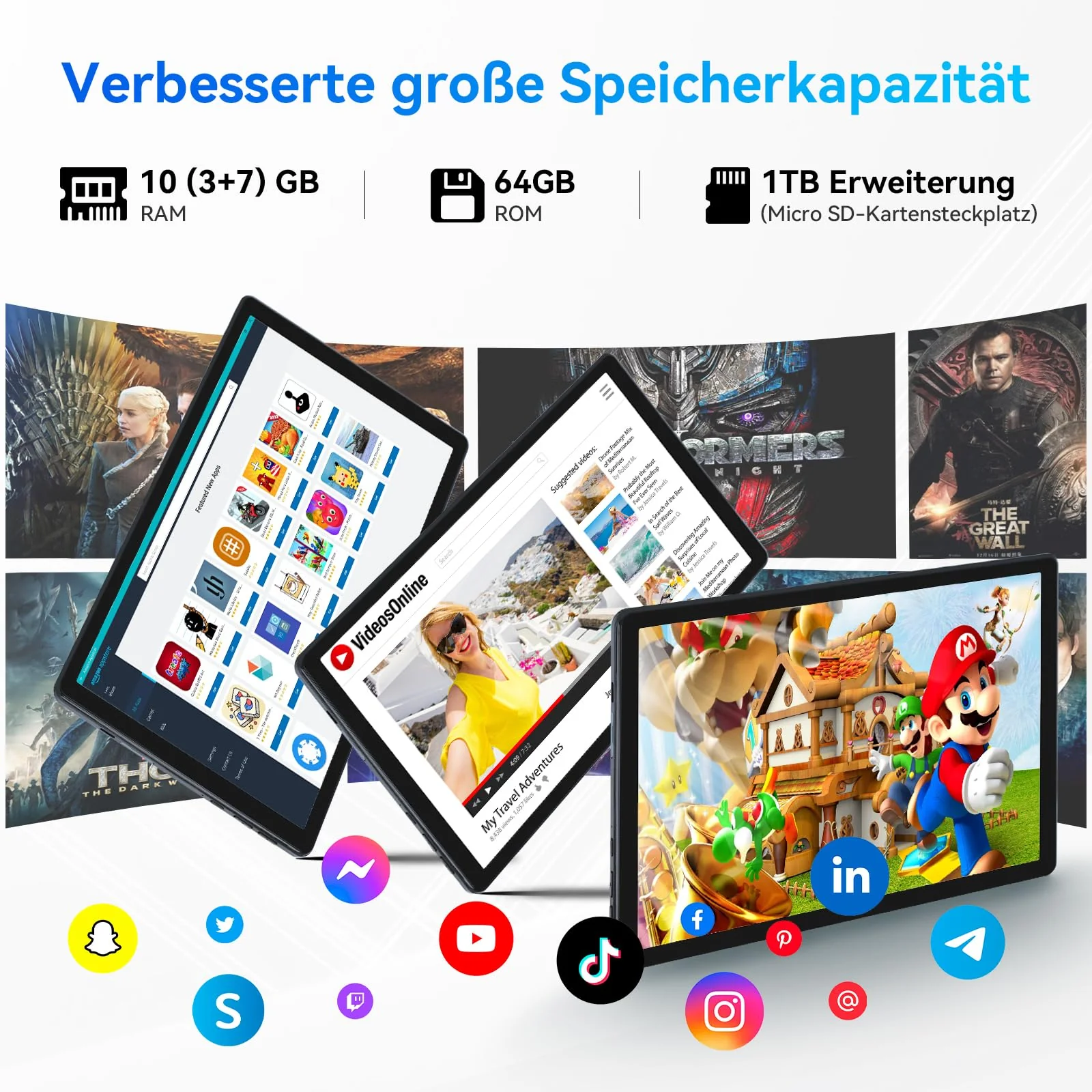 MUISOO Android 14 Tablet, Octa-Core 10 Zoll, 10 GB + 64 GB (erweiterbar auf 1 TB), Android Tablet mit Bluetooth 5.3, WiFi 6, Dual-Kamera, 5 MP + 8 MP, Face ID, 4G Wireless Dongle (Weiß) - Image 4