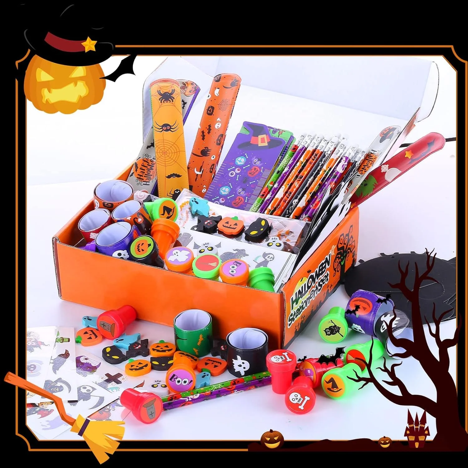 Multi-Item Halloween Party Favors für Kinder, 192 Teile Geschenkset mit Goodie Tüten, Bleistifte, Lineale, Stempel & Radiergummis in Grusel-Design für Süßes oder Saures, Schule & Klassenraum - Image 2