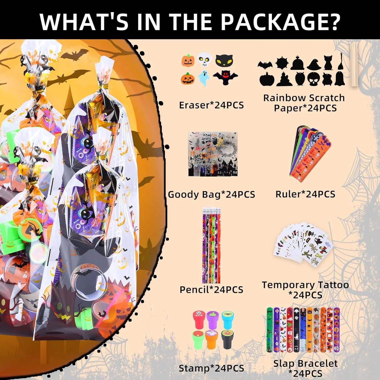 Multi-Item Halloween Party Favors für Kinder, 192 Teile Geschenkset mit Goodie Tüten, Bleistifte, Lineale, Stempel & Radiergummis in Grusel-Design für Süßes oder Saures, Schule & Klassenraum - Image 6