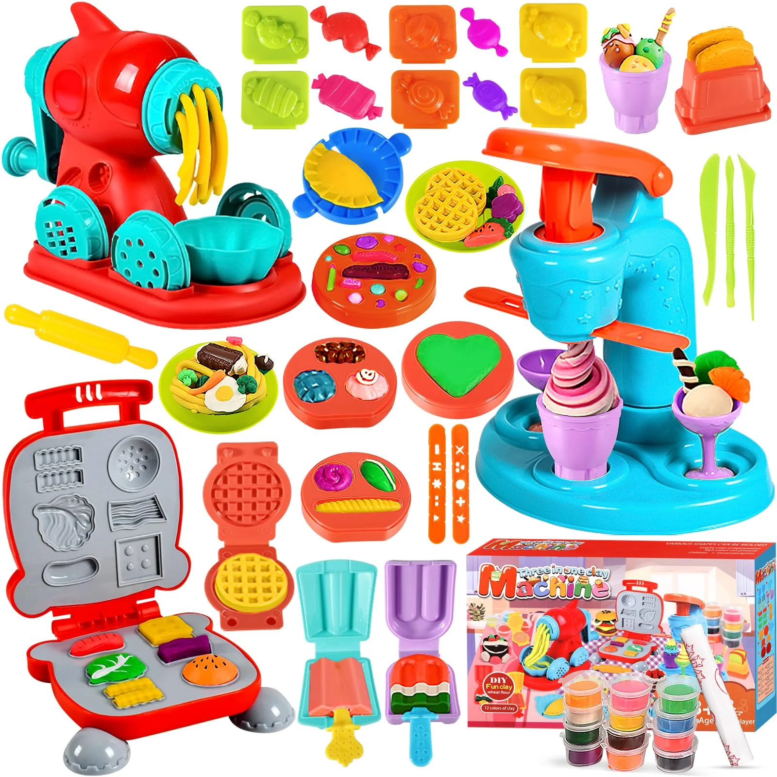 MUOIVG 51 Stück Knete Dough Set für Kinder, Kitchen Creations Nudelmaschine Spielset Burger Eiscreme, Zubehör mit Accessoires und 12 Dosen, Spielzeug Geschenk für Mädchen & Jungen 2-10 Jahre