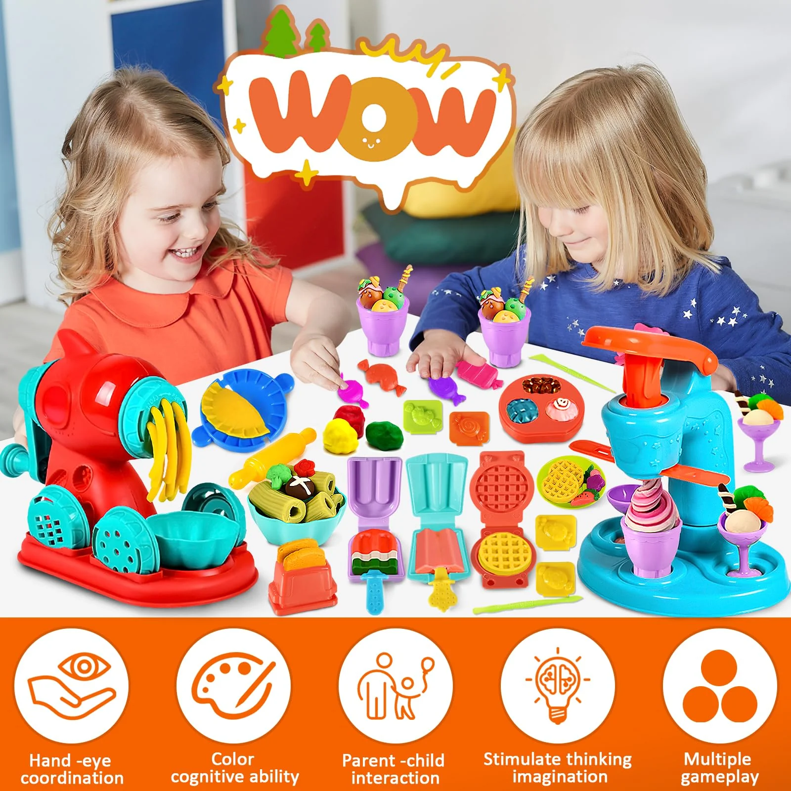 MUOIVG 51 Stück Knete Dough Set für Kinder, Kitchen Creations Nudelmaschine Spielset Burger Eiscreme, Zubehör mit Accessoires und 12 Dosen, Spielzeug Geschenk für Mädchen & Jungen 2-10 Jahre - Image 4