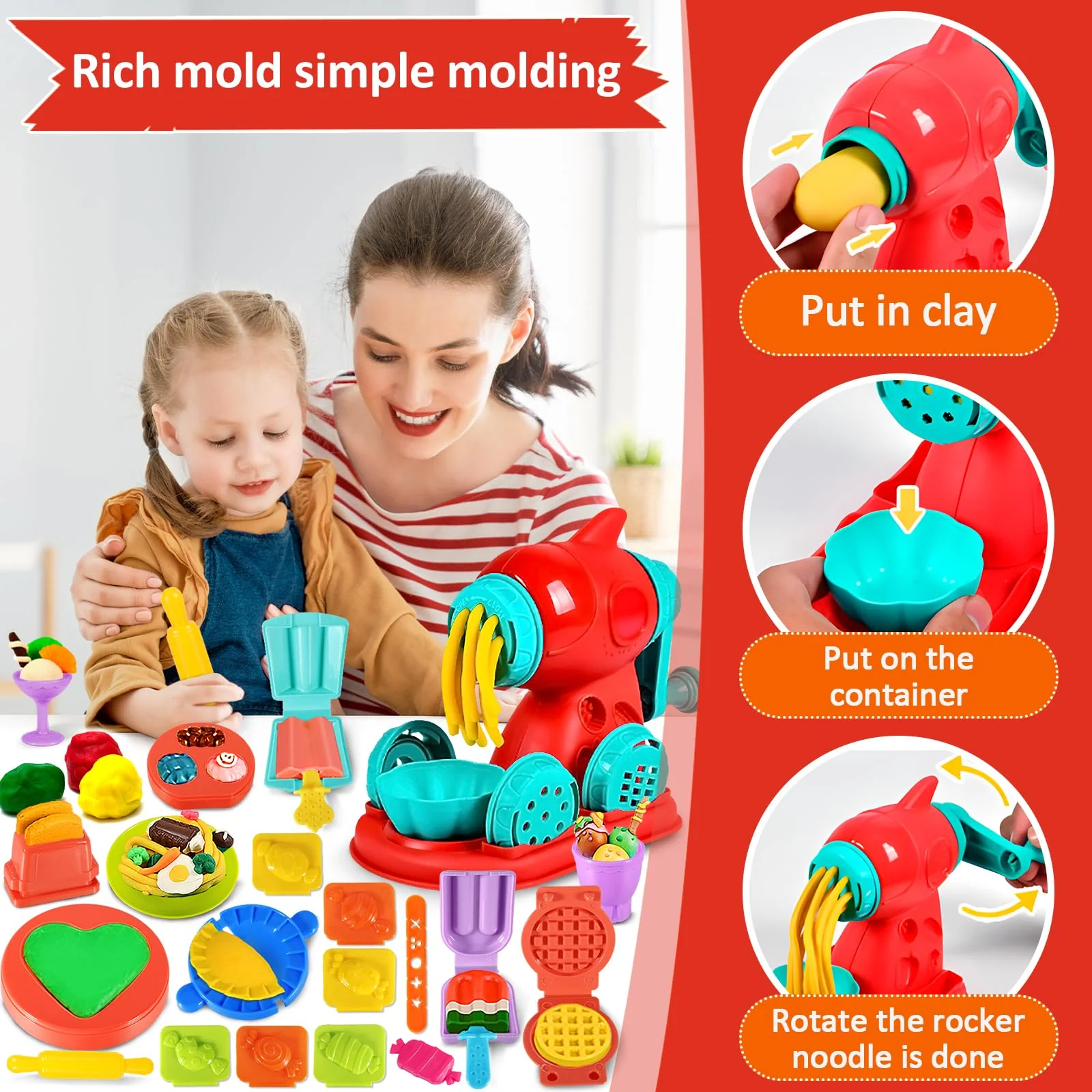MUOIVG 51 Stück Knete Dough Set für Kinder, Kitchen Creations Nudelmaschine Spielset Burger Eiscreme, Zubehör mit Accessoires und 12 Dosen, Spielzeug Geschenk für Mädchen & Jungen 2-10 Jahre - Image 5