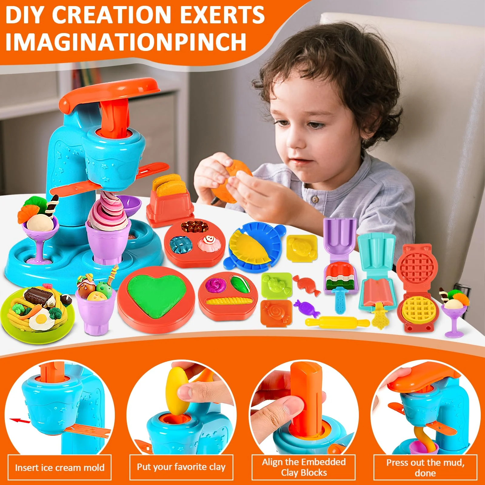 MUOIVG 51 Stück Knete Dough Set für Kinder, Kitchen Creations Nudelmaschine Spielset Burger Eiscreme, Zubehör mit Accessoires und 12 Dosen, Spielzeug Geschenk für Mädchen & Jungen 2-10 Jahre - Image 6