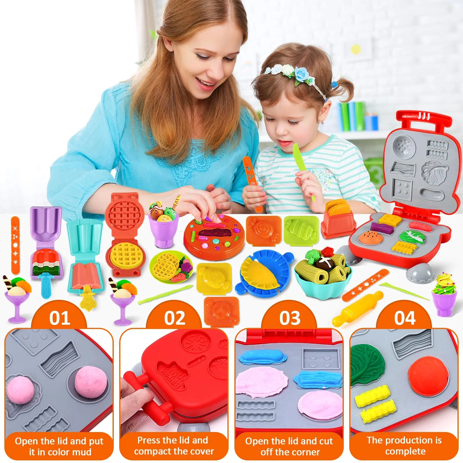 MUOIVG 51 Stück Knete Dough Set für Kinder, Kitchen Creations Nudelmaschine Spielset Burger Eiscreme, Zubehör mit Accessoires und 12 Dosen, Spielzeug Geschenk für Mädchen & Jungen 2-10 Jahre - Image 7