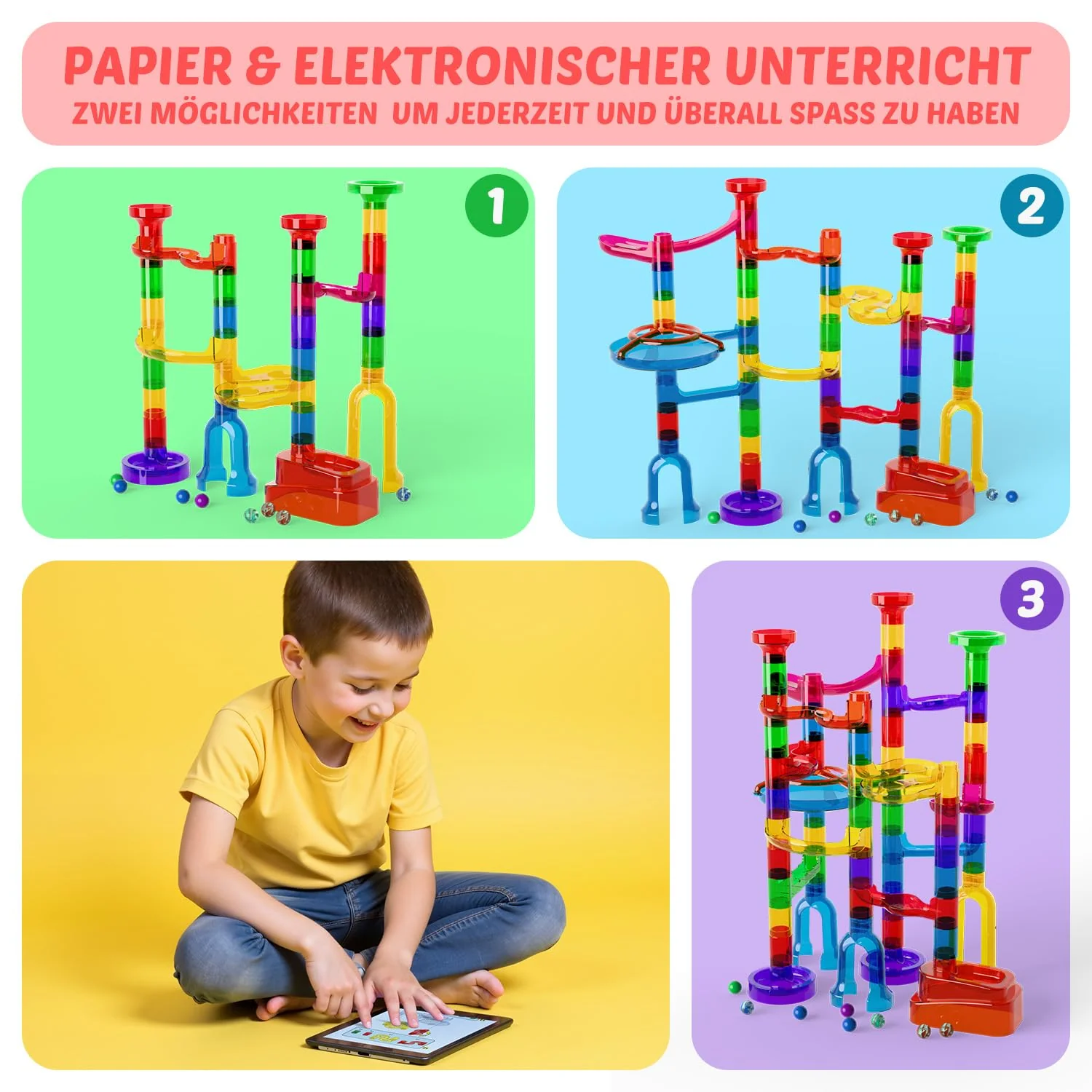 Murmelbahn Logikspiele Mehrfarbige kugelbahn 109 Stück transparent Bahnelementen und murmeln STEM Marble Rush Doppelspiel Spielzeug Geschenk für Kinder Jungen Mädchen ab 3-12 Jahre - Image 3