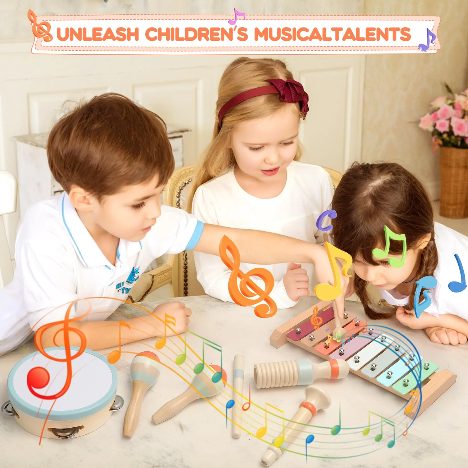 Musikinstrumente für Kinder, Kinderspielzeug ab 3 Jahre, Montessori Spielzeug, Holzspielzeug Baby Schlagzeug Kinder Trommel, Percussion-Instrumente Set, Geschenkideen für Jungen Mädchen 3+(9 in 1) - Image 4