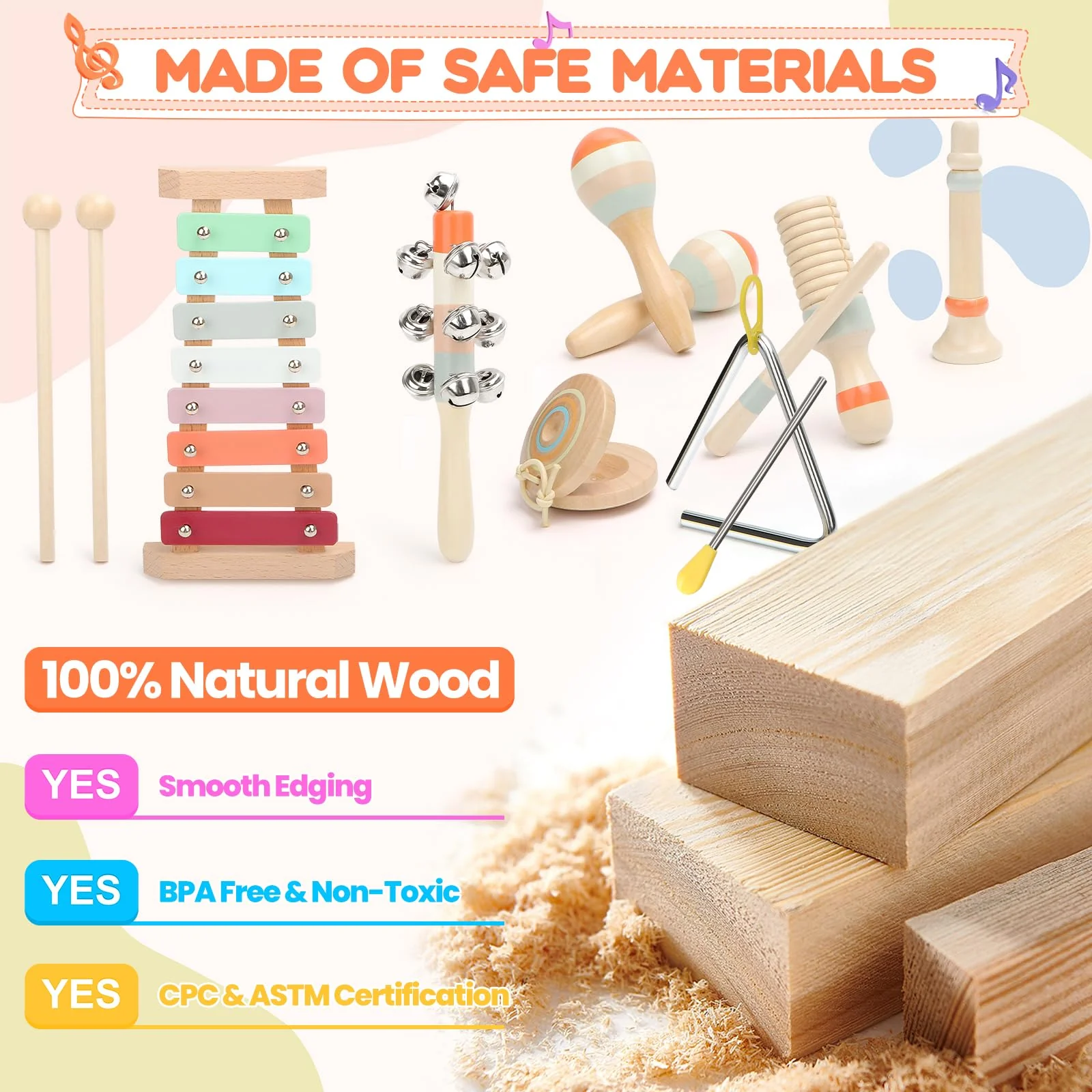Musikinstrumente für Kinder, Kinderspielzeug ab 3 Jahre, Montessori Spielzeug, Holzspielzeug Baby Schlagzeug Kinder Trommel, Percussion-Instrumente Set, Geschenkideen für Jungen Mädchen 3+(9 in 1) - Image 5