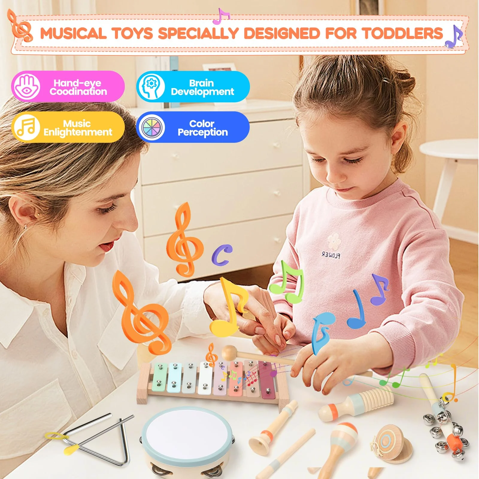 Musikinstrumente für Kinder, Kinderspielzeug ab 3 Jahre, Montessori Spielzeug, Holzspielzeug Baby Schlagzeug Kinder Trommel, Percussion-Instrumente Set, Geschenkideen für Jungen Mädchen 3+(9 in 1) - Image 6