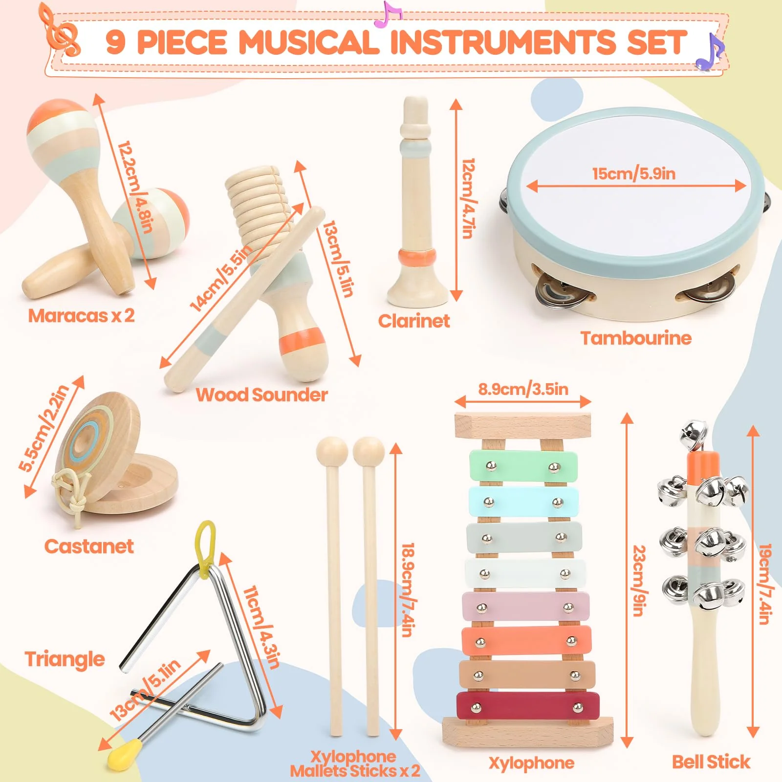 Musikinstrumente für Kinder, Kinderspielzeug ab 3 Jahre, Montessori Spielzeug, Holzspielzeug Baby Schlagzeug Kinder Trommel, Percussion-Instrumente Set, Geschenkideen für Jungen Mädchen 3+(9 in 1) - Image 7