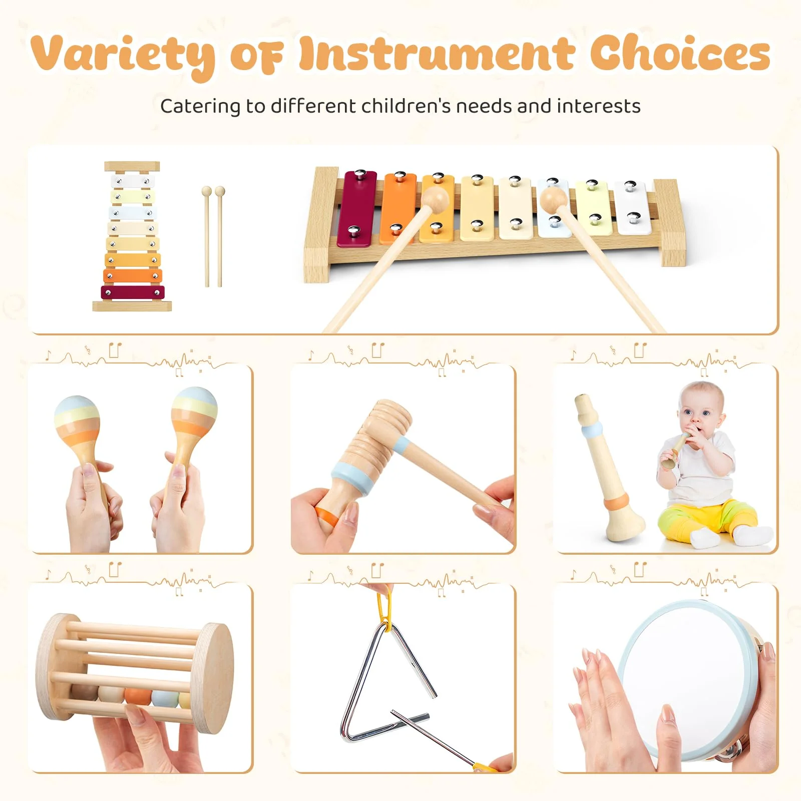 Musikinstrumente für Kinder, Montessori Musikinstrumente Set, Musik Holzspielzeug für Jungen und Mädchen, Spielzeug Geschenke Trommel Xylophon für Kleinkinder ab 1-3 Jahren - Image 3