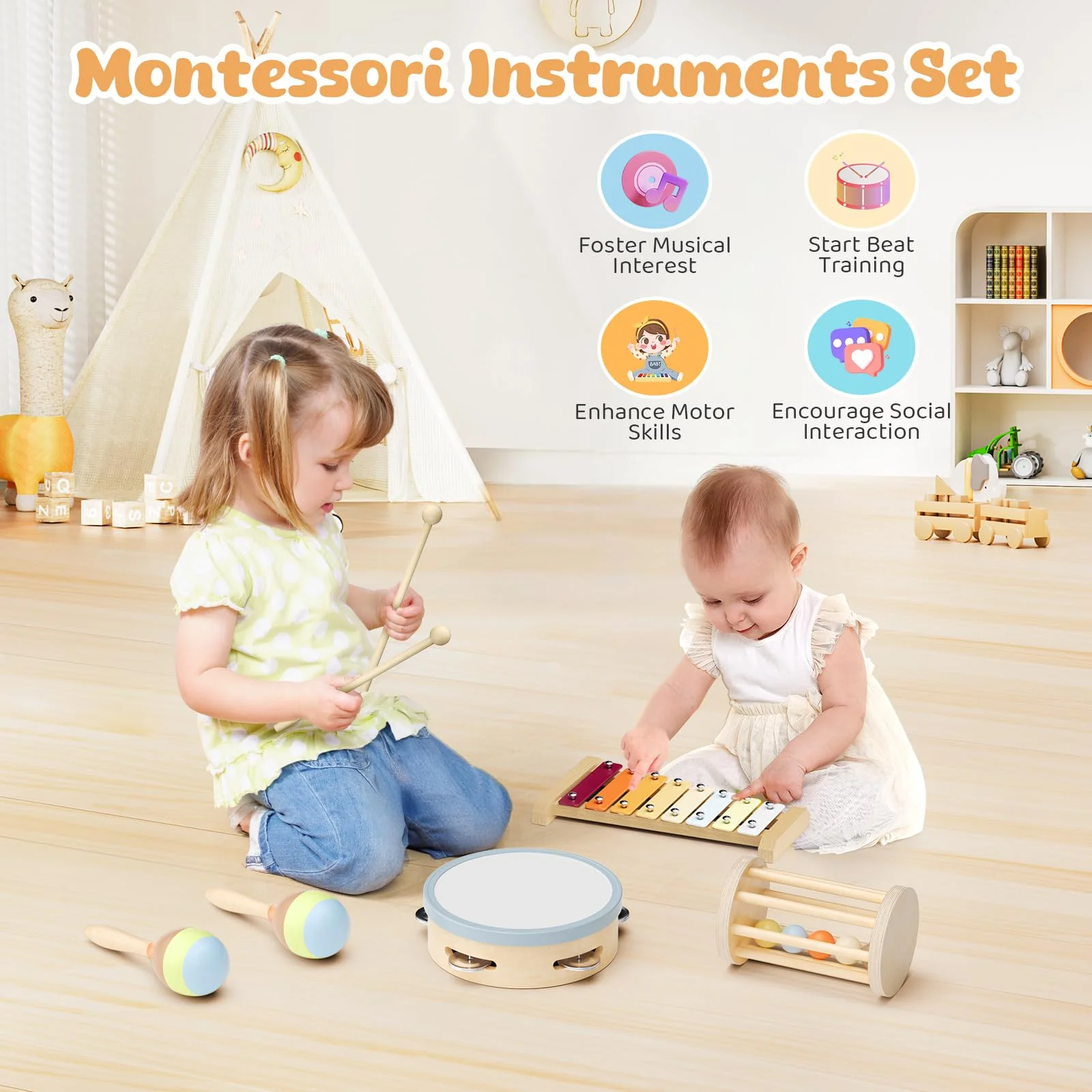 Musikinstrumente für Kinder, Montessori Musikinstrumente Set, Musik Holzspielzeug für Jungen und Mädchen, Spielzeug Geschenke Trommel Xylophon für Kleinkinder ab 1-3 Jahren - Image 7