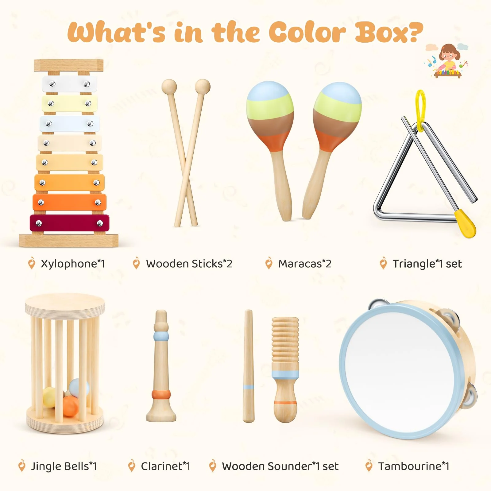 Musikinstrumente für Kinder, Montessori Musikinstrumente Set, Musik Holzspielzeug für Jungen und Mädchen, Spielzeug Geschenke Trommel Xylophon für Kleinkinder ab 1-3 Jahren - Image 8
