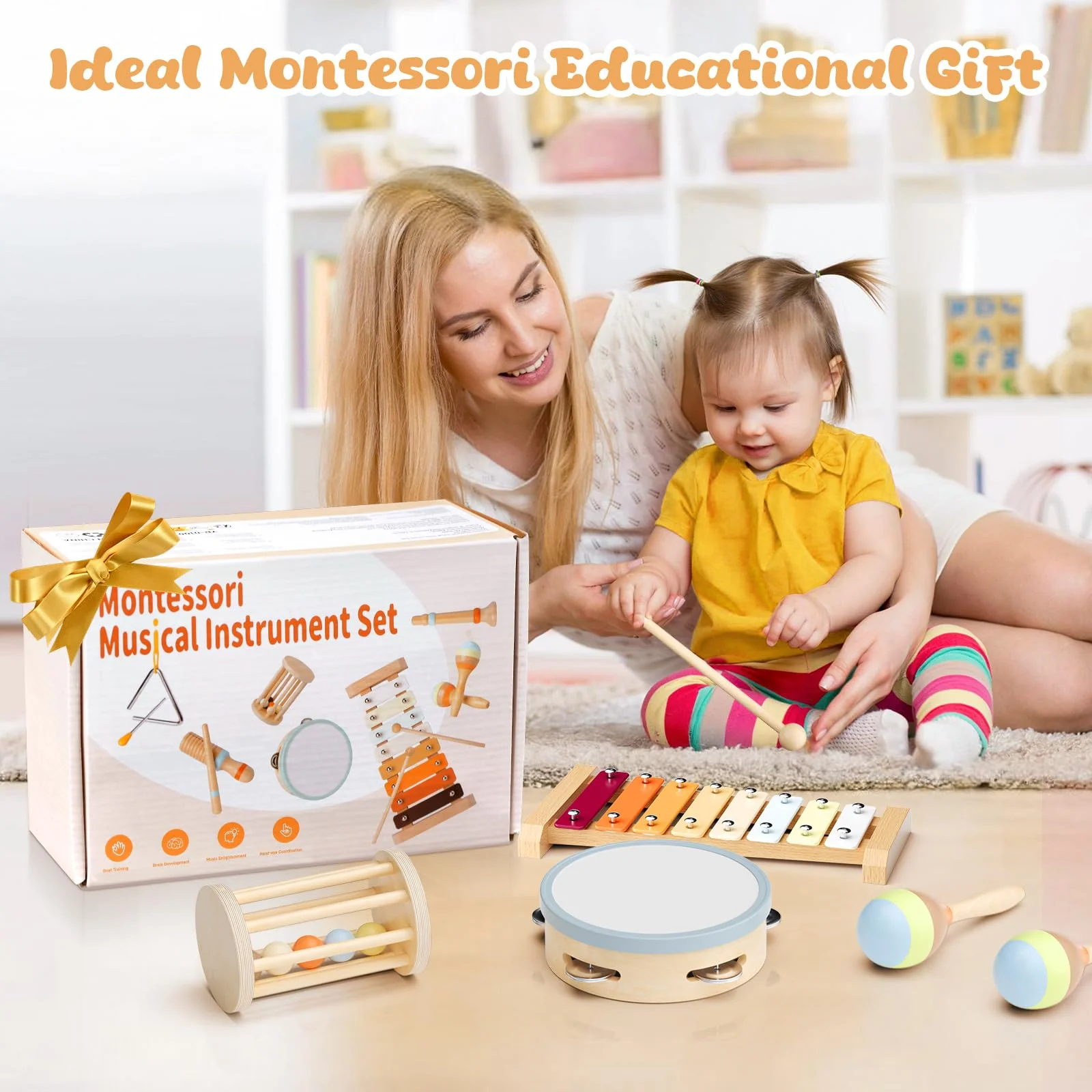 Musikinstrumente für Kinder, Montessori Musikinstrumente Set, Musik Holzspielzeug für Jungen und Mädchen, Spielzeug Geschenke Trommel Xylophon für Kleinkinder ab 1-3 Jahren - Image 9