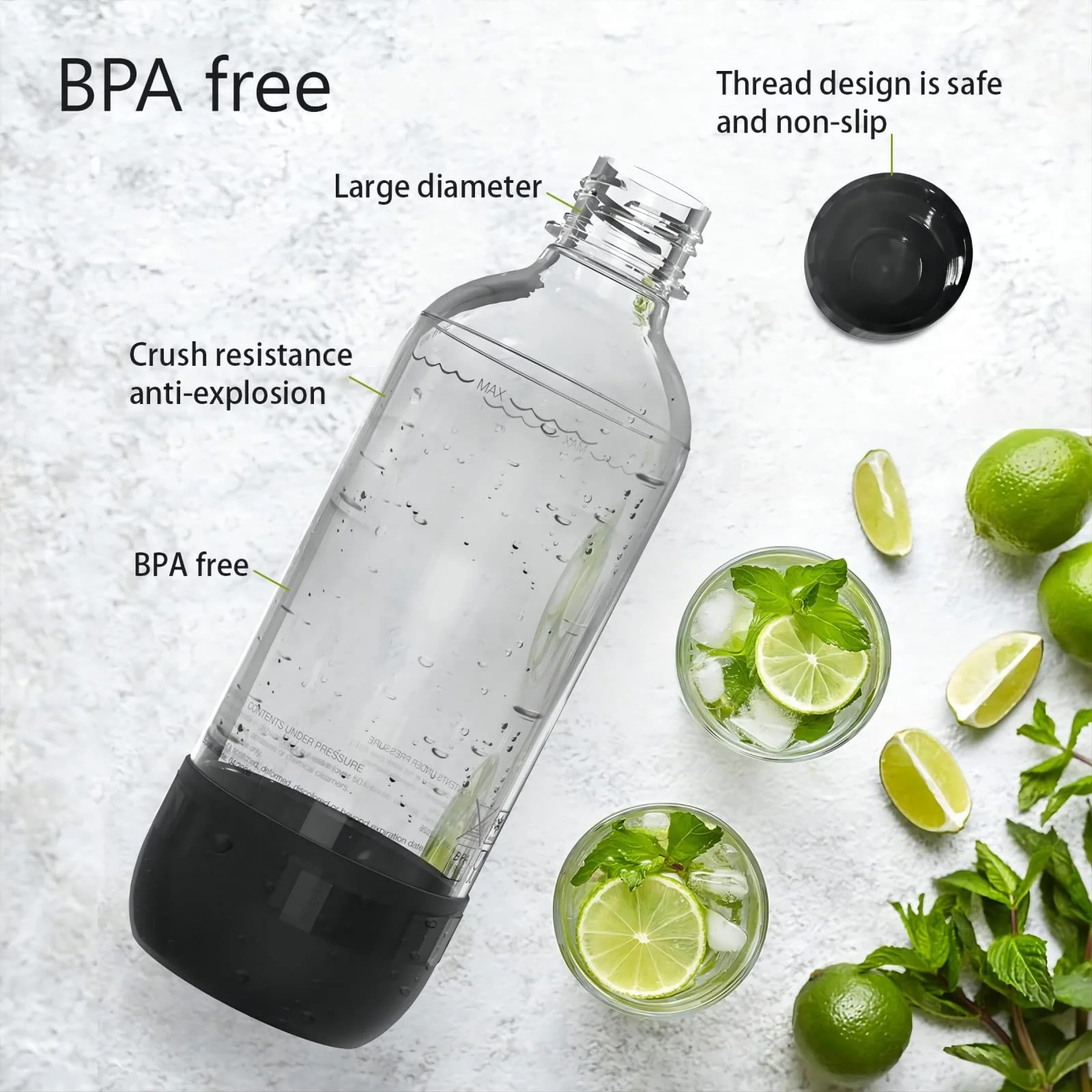 Mycket Soda Maker Flaschen, 2 x 1L Carbonating Bottles, BPA-frei Kohlensäureflaschen, Wiederverwendbare PET-Sprudelwasserflaschen, Ersatzflaschen für Soda-Maschine, Schwarz+Weiß - Image 2