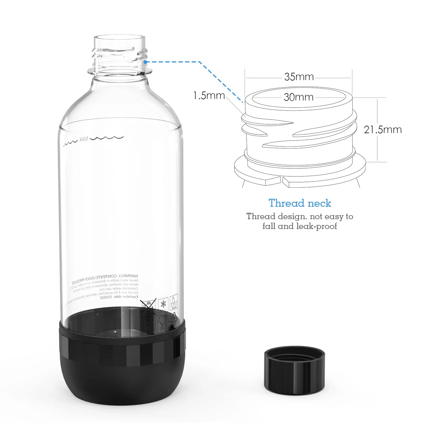 Mycket Soda Maker Flaschen, 2 x 1L Carbonating Bottles, BPA-frei Kohlensäureflaschen, Wiederverwendbare PET-Sprudelwasserflaschen, Ersatzflaschen für Soda-Maschine, Schwarz+Weiß - Image 4