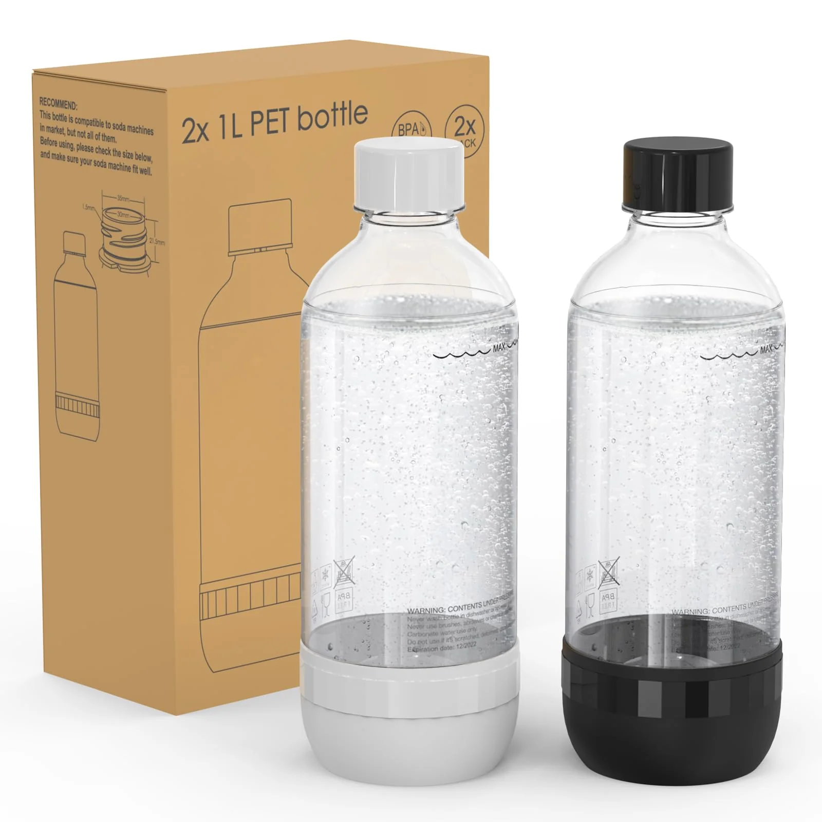 Mycket Soda Maker Flaschen, 2 x 1L Carbonating Bottles, BPA-frei Kohlensäureflaschen, Wiederverwendbare PET-Sprudelwasserflaschen, Ersatzflaschen für Soda-Maschine, Schwarz+Weiß - Image 5