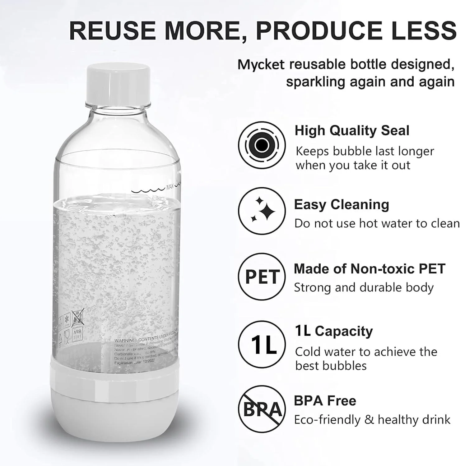 Mycket Soda Maker Flaschen, 2 x 1L Carbonating Bottles, BPA-frei Kohlensäureflaschen, Wiederverwendbare PET-Sprudelwasserflaschen, Ersatzflaschen für Soda-Maschine, Schwarz+Weiß - Image 7