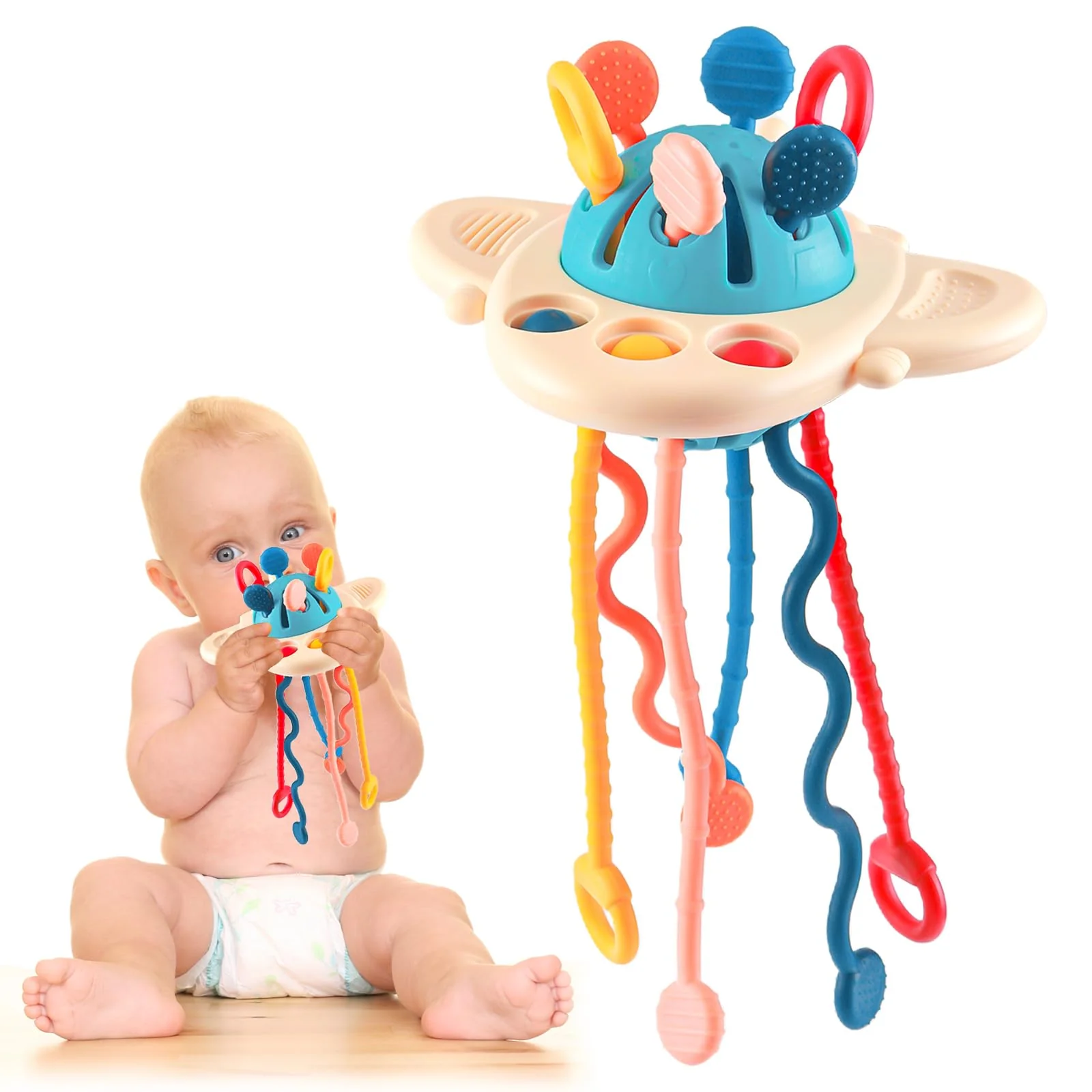 MYDOVA Montessori Spielzeug, Kinderspielzeug ab 1 Jahr, Sensorik Spielzeug Baby, Beißring Baby, Silikon Zugschnur, Form des Flugzeugs, Aufhängbar, Lernspiele für Babys ab 18+ Monaten