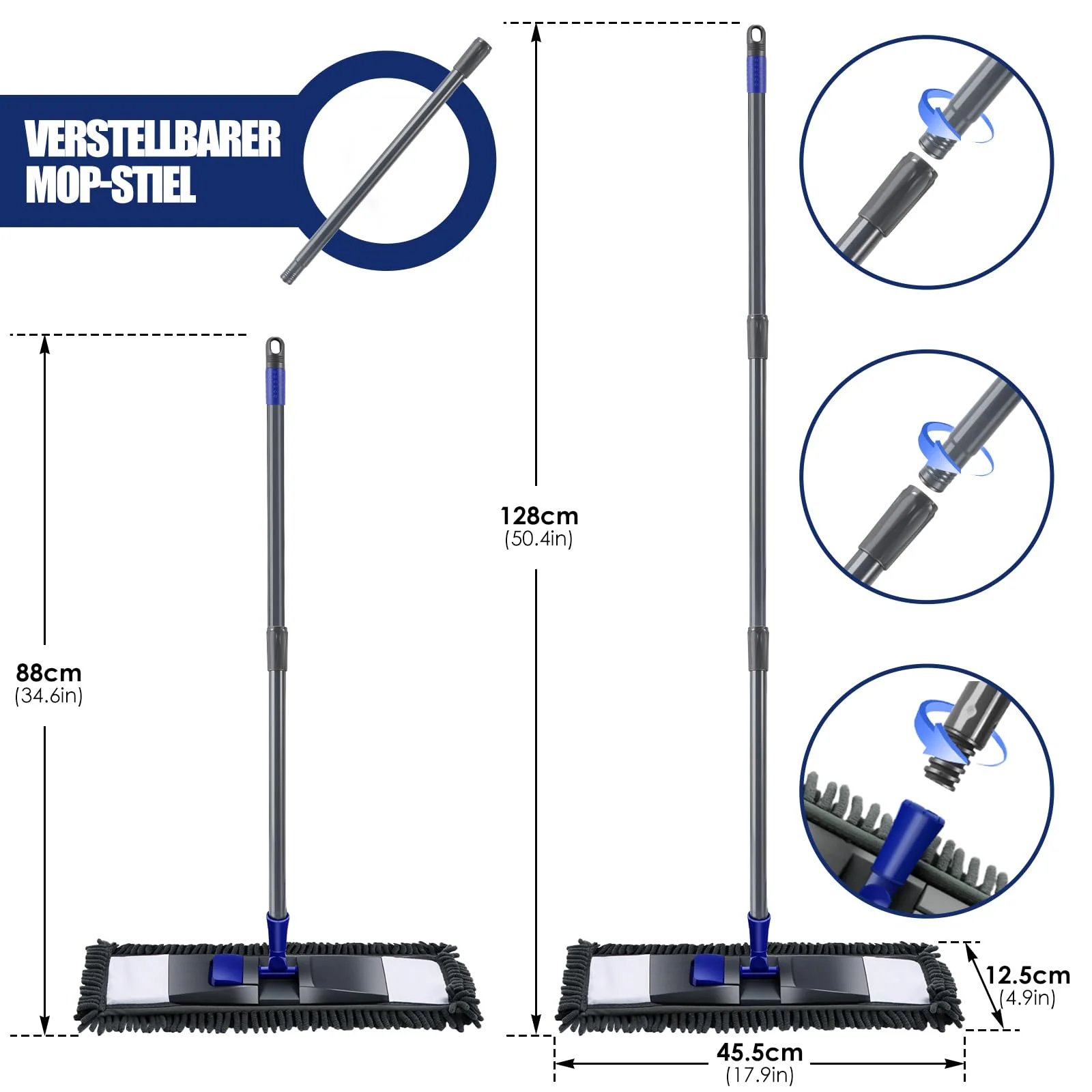 Myiosus Bodenwischer, Wischmopp, 360° Drehung Wischer Boden mit 128cm Teleskopstiel, Chenille Flachmopp mit 4 Pads, Mikrofaser Boden Wischer für Hartholz Laminat Fliesen, Flecken schnell entfernen - Image 2
