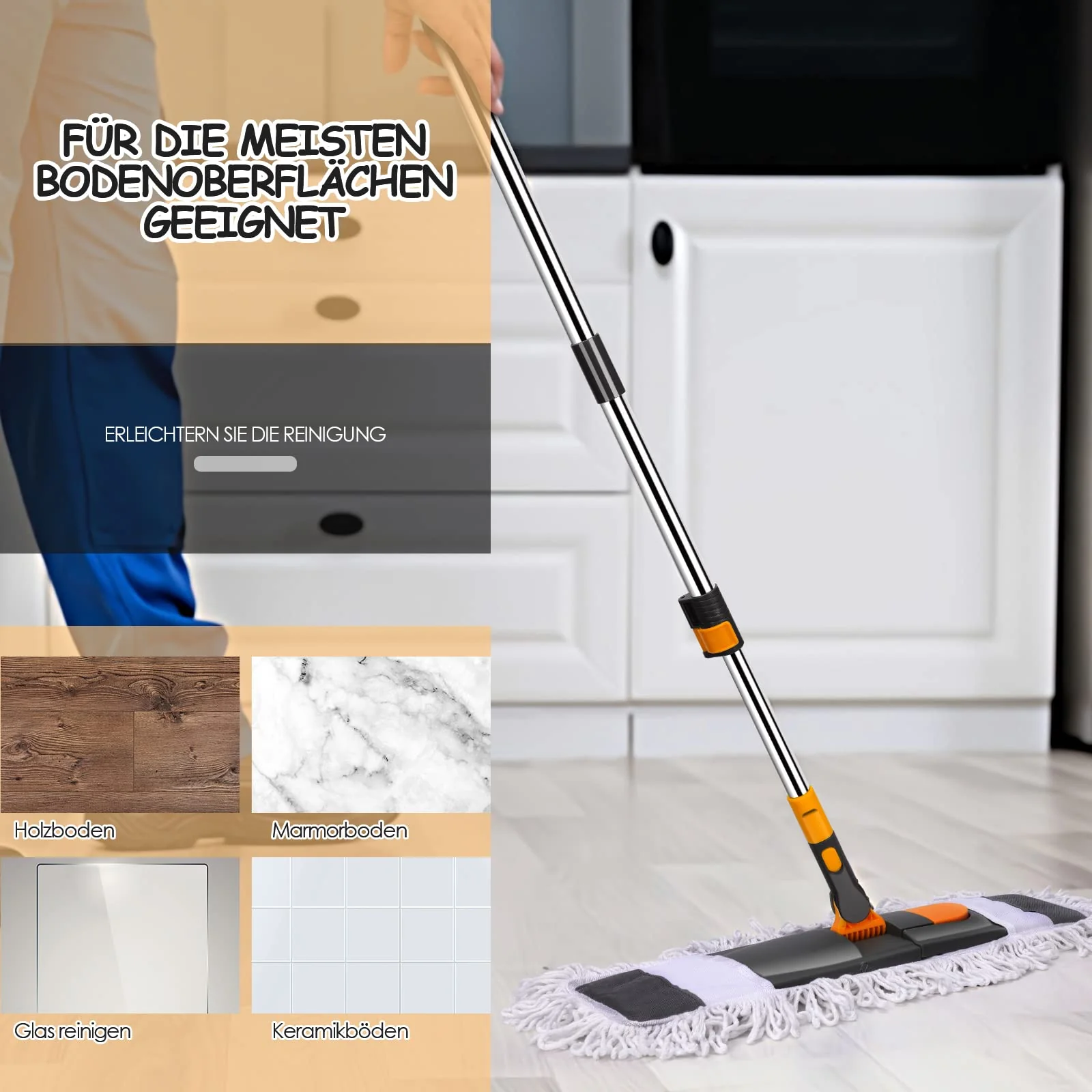 Myiosus Bodenwischer, Wischmopp groß, 60cm Breit wischer Boden, Industrieller Mop mit 126cm Edelstahl Teleskopstiel, 360° drehbarer Flachmopp für Hartholz Fliesen Marmor Laminat (2 Mikrofaser Pads) - Image 2