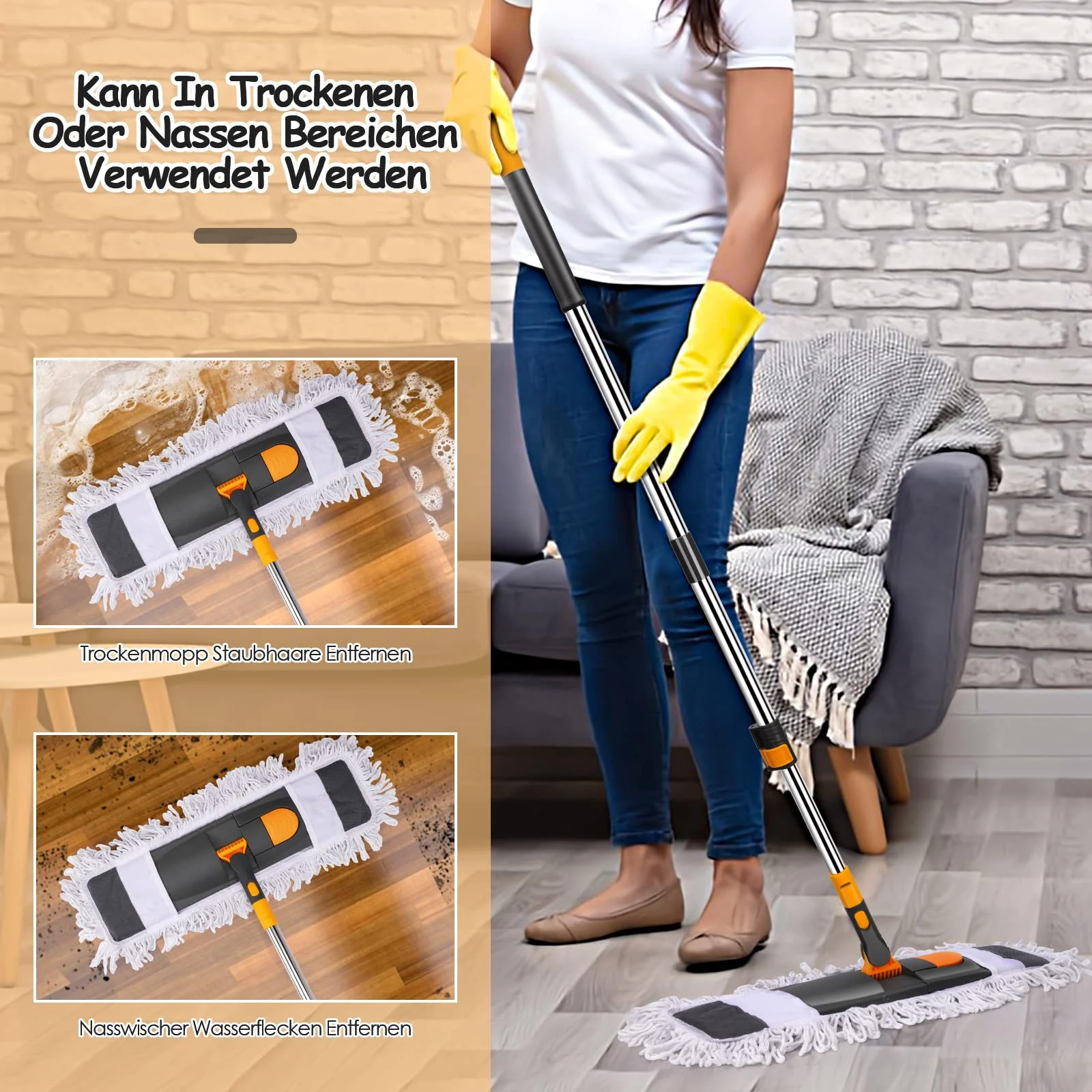 Myiosus Bodenwischer, Wischmopp groß, 60cm Breit wischer Boden, Industrieller Mop mit 126cm Edelstahl Teleskopstiel, 360° drehbarer Flachmopp für Hartholz Fliesen Marmor Laminat (2 Mikrofaser Pads) - Image 6