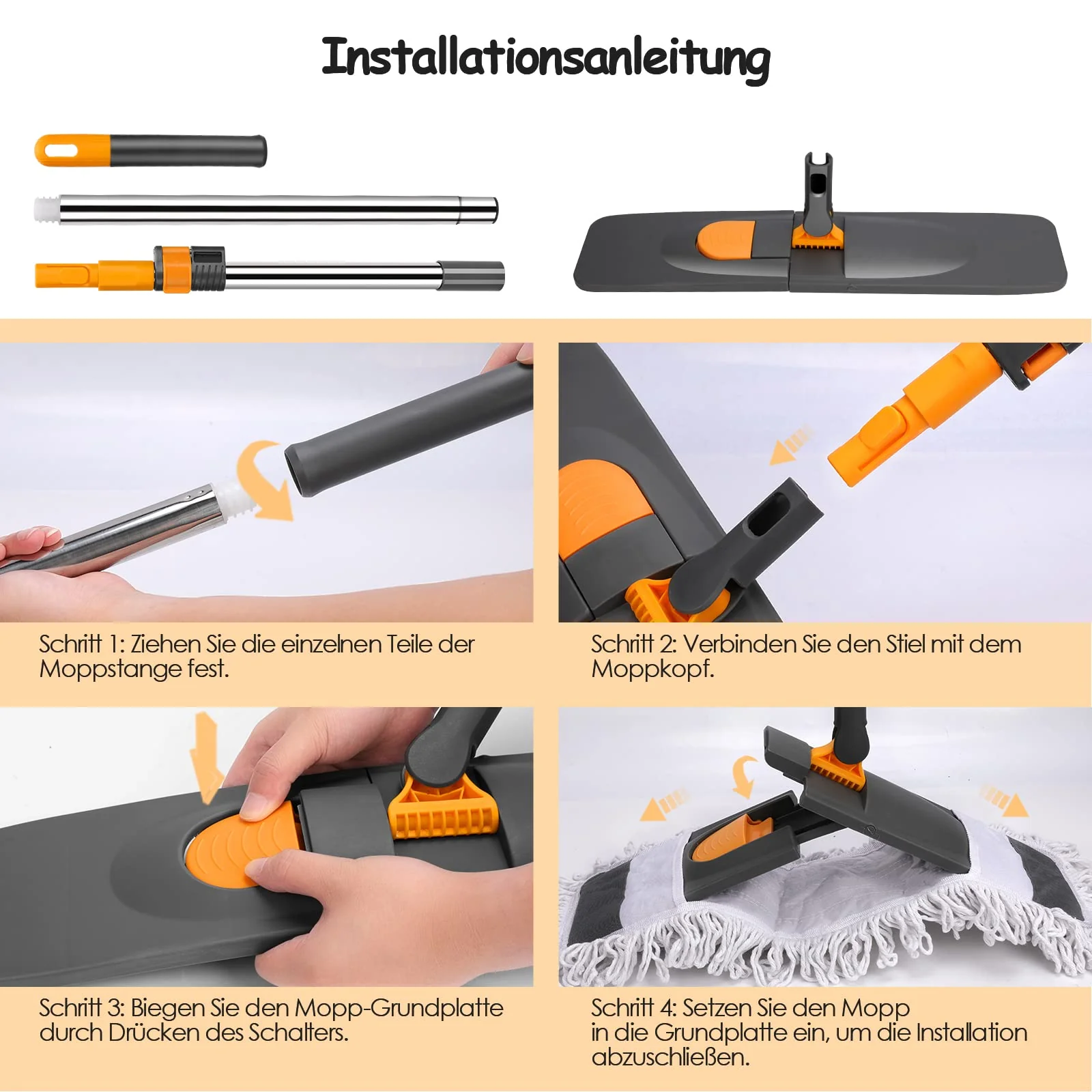 Myiosus Bodenwischer, Wischmopp groß, 60cm Breit wischer Boden, Industrieller Mop mit 126cm Edelstahl Teleskopstiel, 360° drehbarer Flachmopp für Hartholz Fliesen Marmor Laminat (2 Mikrofaser Pads) - Image 7