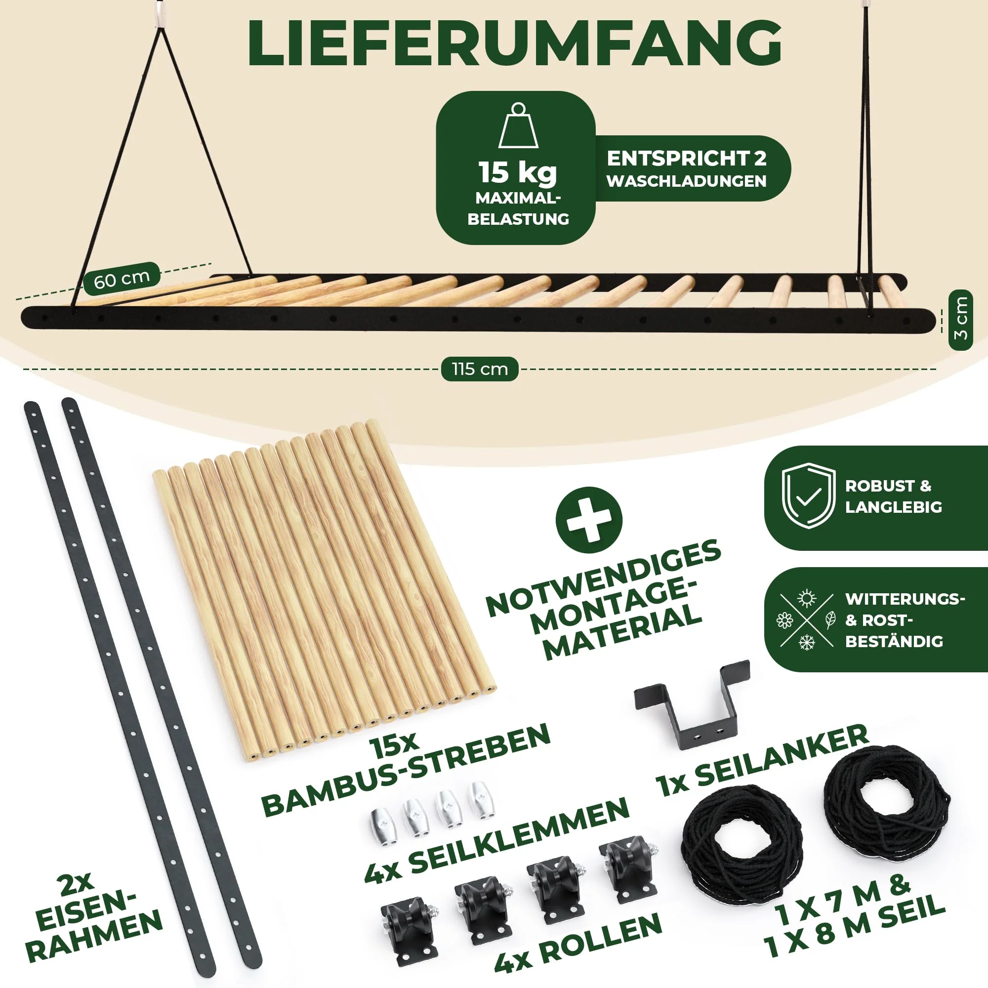 MyZone Wäscheständer Decke platzsparend, ausziehbar, stabil, 115x60cm | Wäschetrockner Deckenmontage, Deckentrockner klappbar, Hochtrockner | Badewanne, Balkon | Bambus Holz, schwarz matt