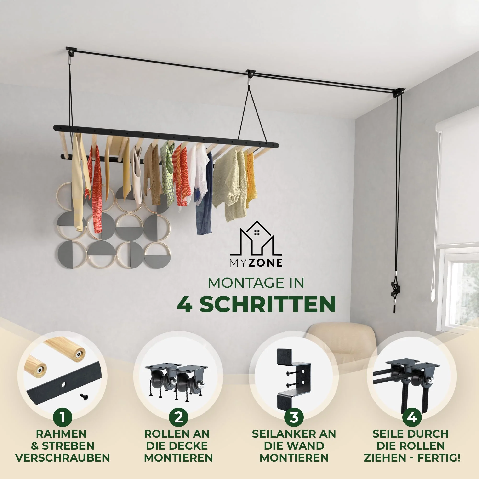 MyZone Wäscheständer Decke platzsparend, ausziehbar, stabil, 115x60cm | Wäschetrockner Deckenmontage, Deckentrockner klappbar, Hochtrockner | Badewanne, Balkon | Bambus Holz, schwarz matt - Image 6
