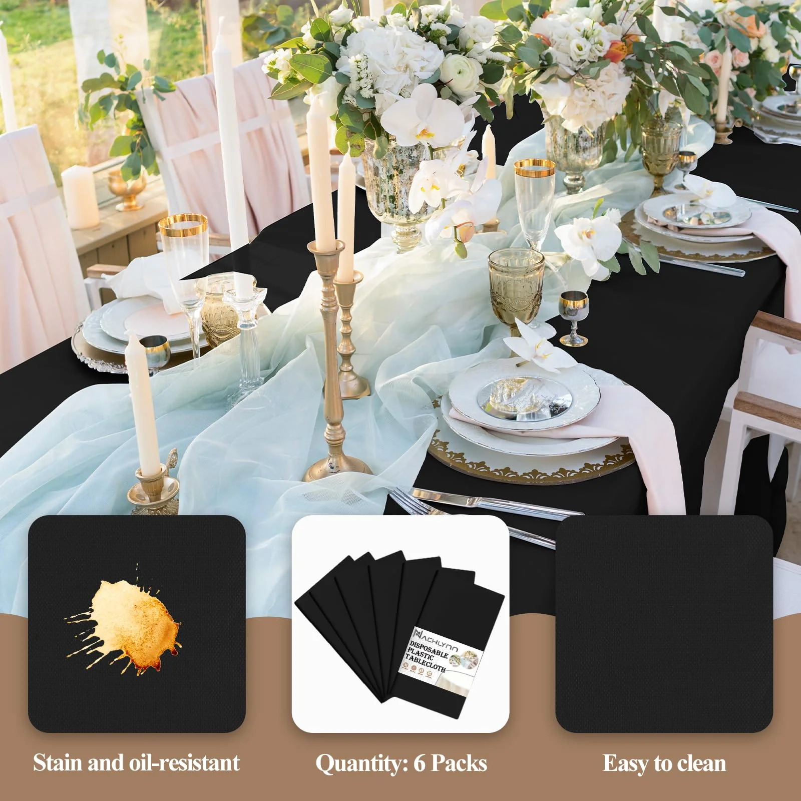 NACHLYNN 6 Stück Einweg Tischdecke 137 x 274 cm Schwarz Rechteckige Tischabdeckung Wasserdicht Gartentischdecke für Festivals Party Hochzeiten Brautpartys Geburtstag Dekorationen - Image 5
