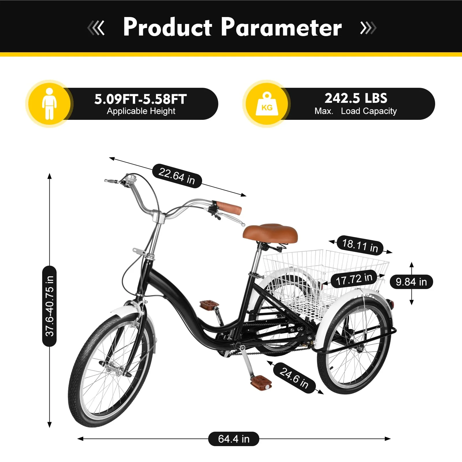 NadineDutol 20 Zoll 1-Gang-Erwachsenen-Dreirad, Senioren-Einkaufs-Dreirad, Cruising-City-Bike Premium-Klapprad geeignet für Outdoor-Sport, Shopping, Freizeit, geeignet für Männer Frauen - Image 6