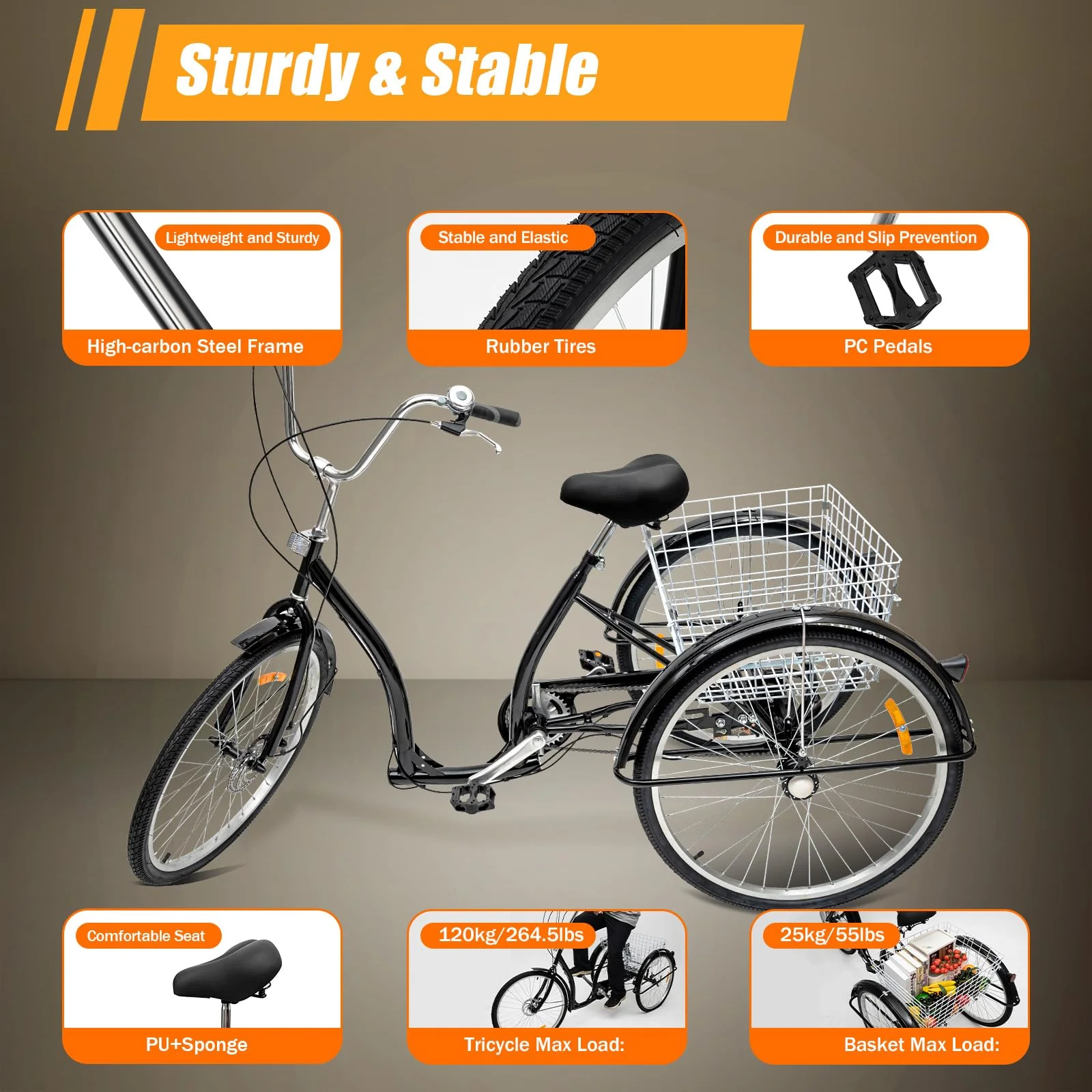 NadineDutol 26 Zoll Erwachsene 6 Geschwindigkeit faltbar Dreirad Cruiser Dreirad Cargo Dreirad verstellbaren Sitz mit Einkaufskorb für Frauen, Männer, Einkaufen, Sport, Freizeit. - Image 7