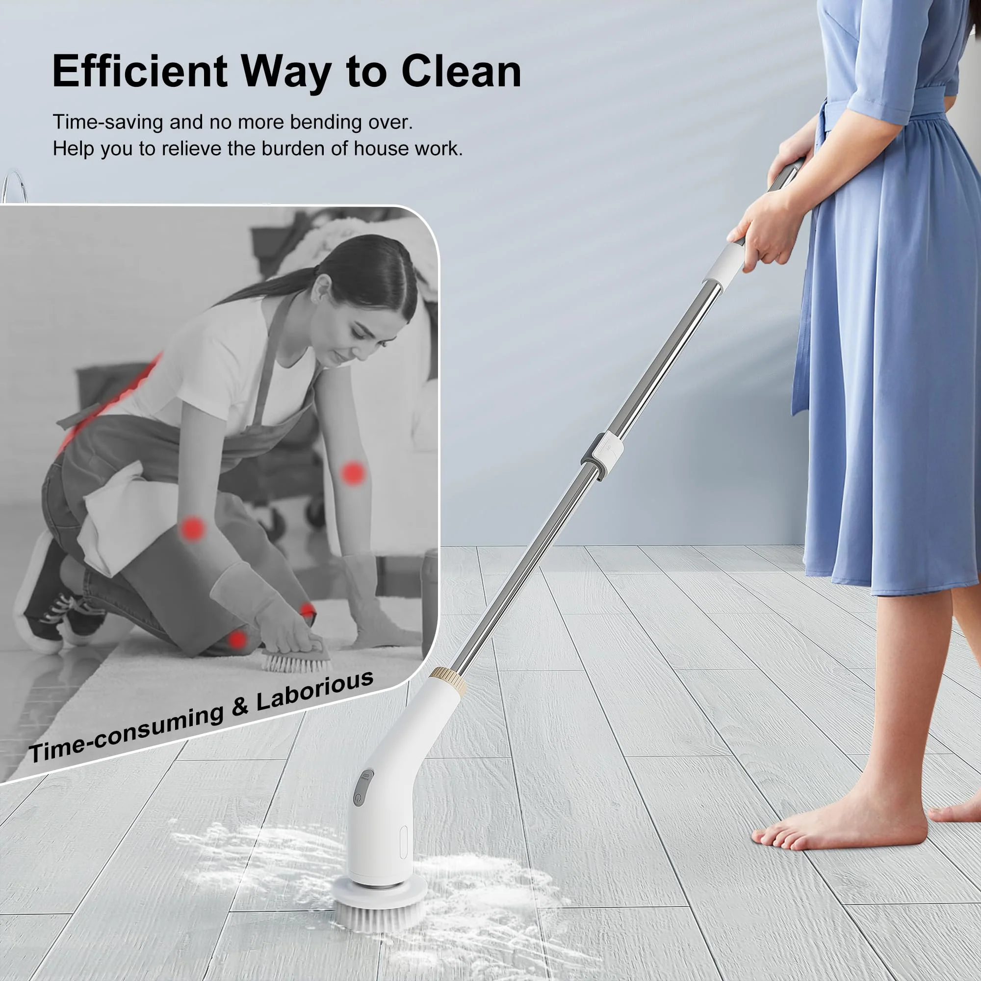 NanoMin 13 in 1 Elektrische Elektrische Reinigungsbürste mit Verlängerungsgriff, Badzubehör-Set mit 11 austauschbaren Bürsten für Toilette, Badewanne, Küche, Boden(Ivory White) - Image 7