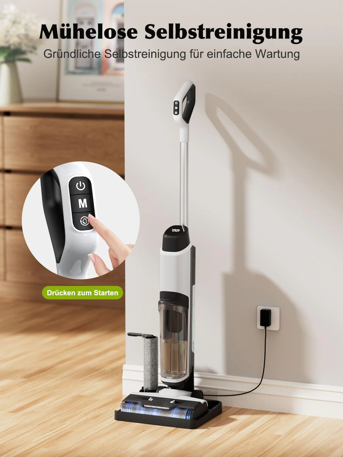 Nass Trockensauger, All-in-One Nasssauger Saugwischer Akku Kabellos mit Dual-Tank-Design, 890mL Wassertank, Selbstreinigung, 5mm Randreinigung, LED-Display Wischsauger für Harte Boden,Tierhaare - Image 2